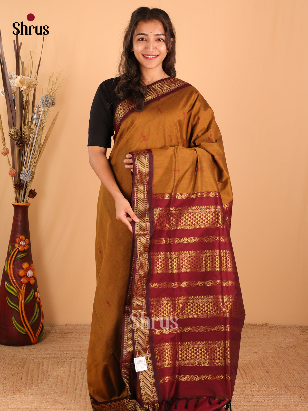Pale Brown & Maroon   Kalyani Cotton Saree - DCS27033 - Shop on Shrus.com