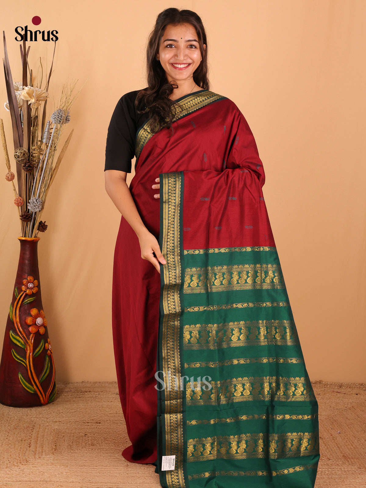 Maroon & Green   Kalyani Cotton Saree - DCS27034 - Shop on Shrus.com