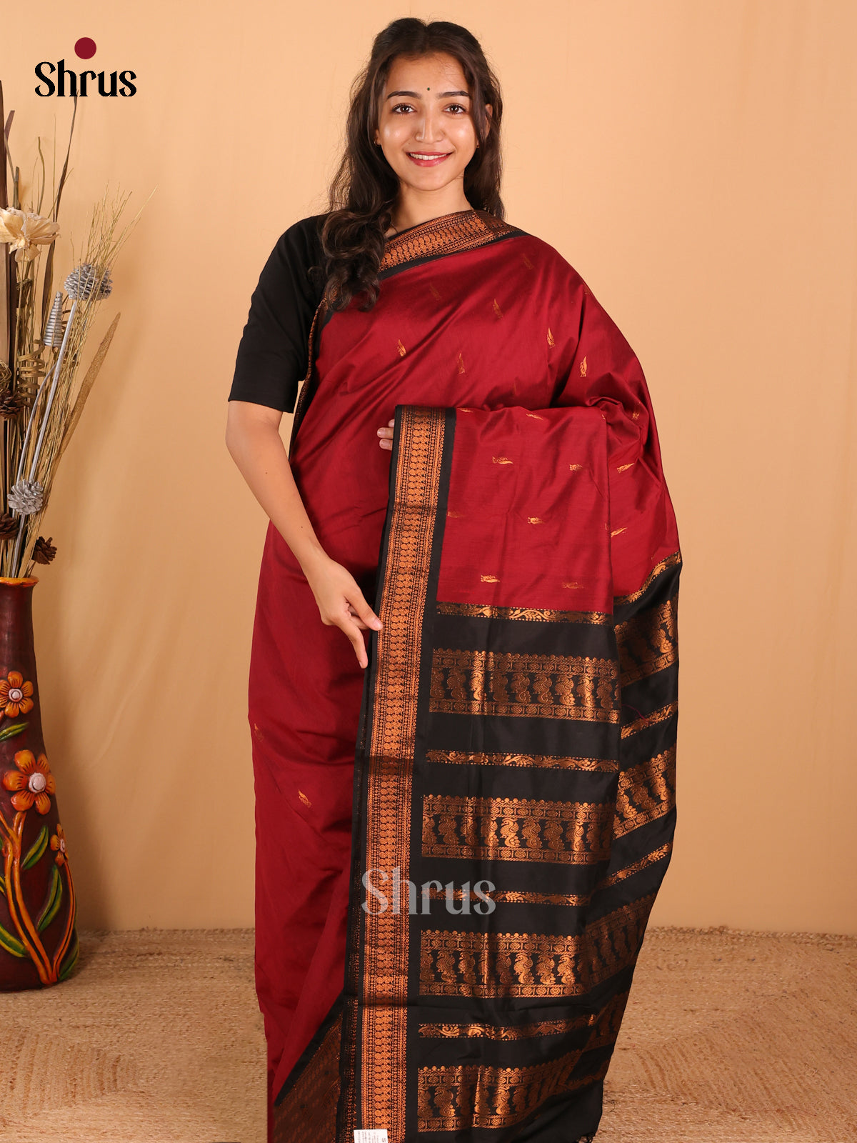 Maroon & Black   Kalyani Cotton Saree - DCS27035 - Shop on Shrus.com