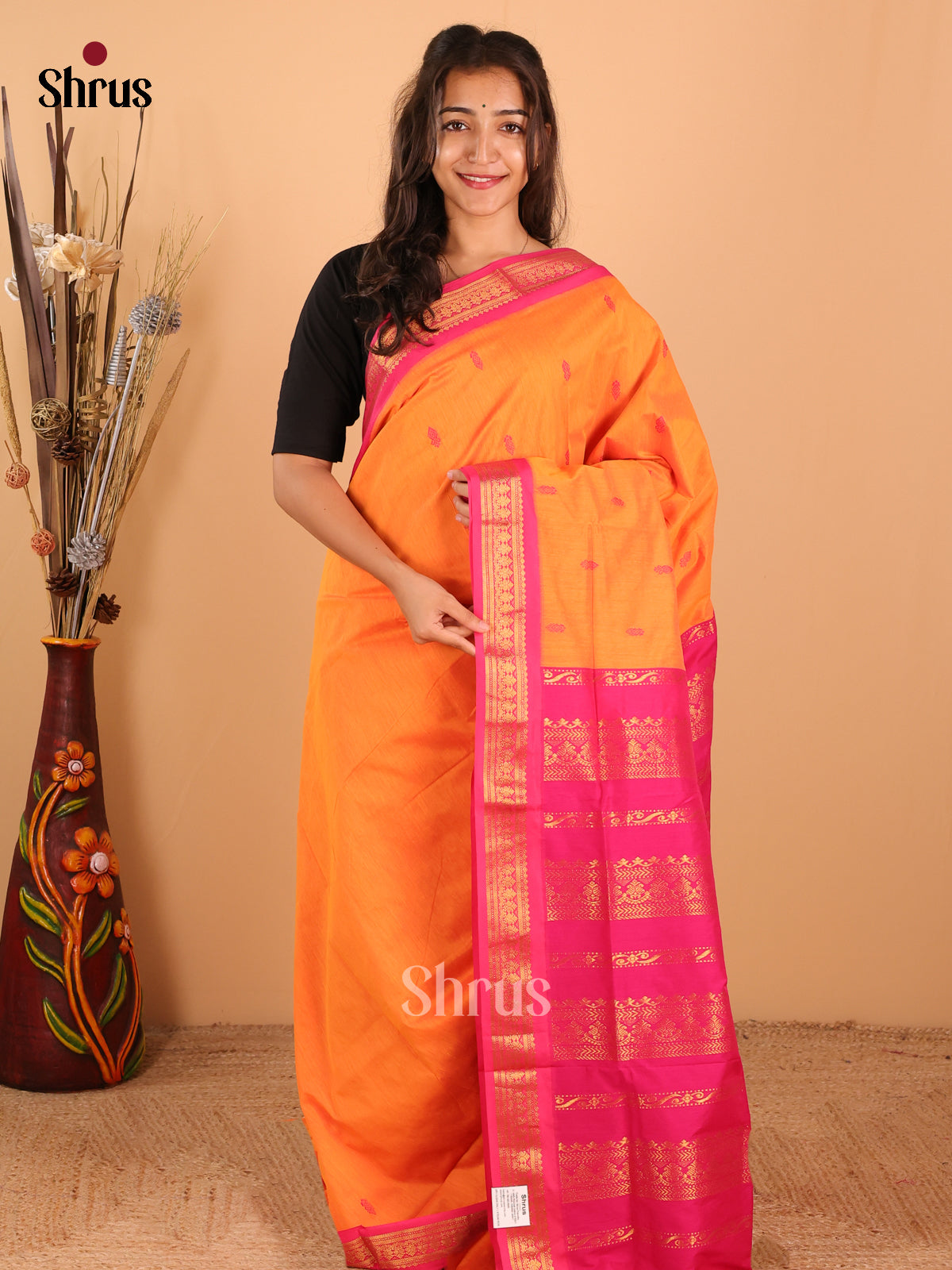 coral orange Kalyani Cotton Saree with Thread Buttas, complemented by Pink Border & Pallu - Shop on Shrus.com