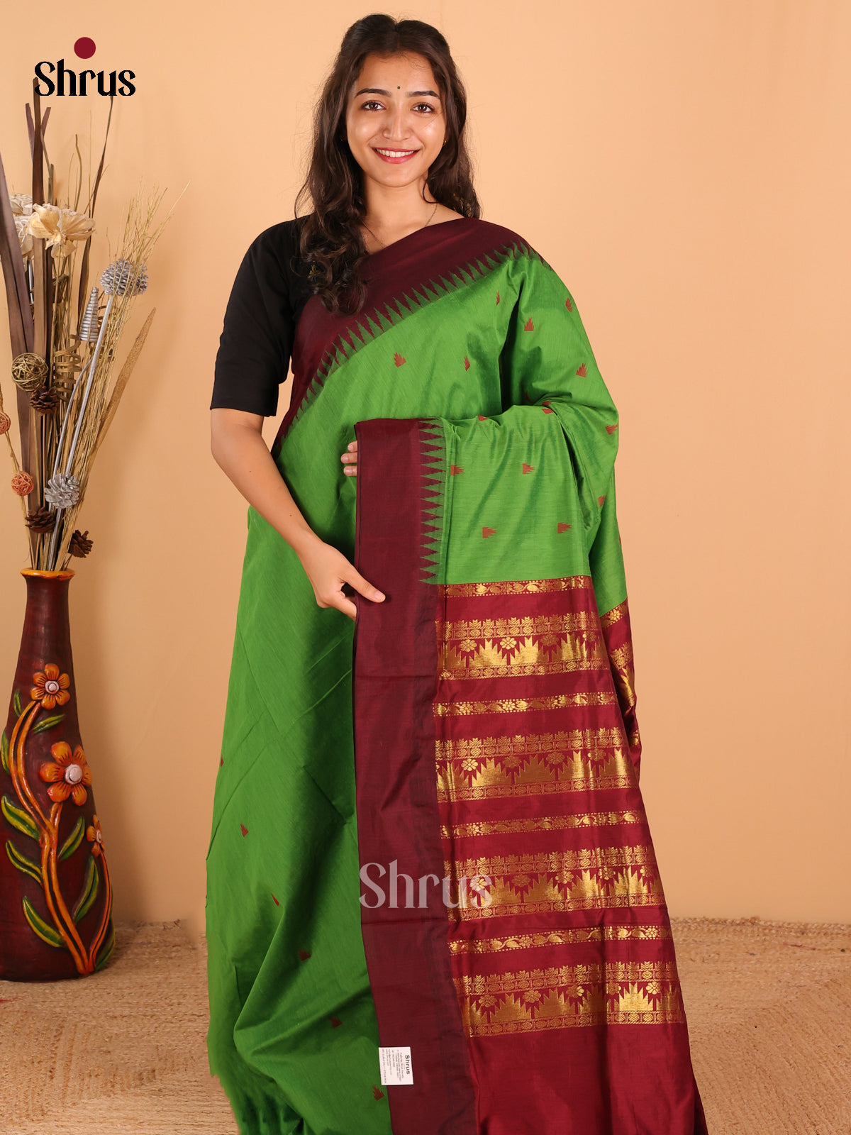 Vibrant Parrot Green Kalyani Cotton Saree, Featuring Maroon Temple Border and Pallu - Shop on Shrus.com