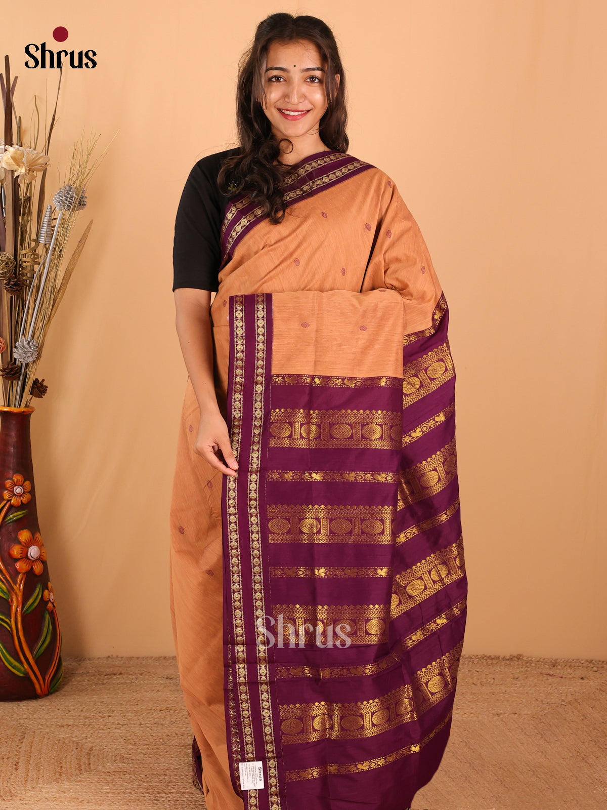 Rich Brown Kalyani Cotton Saree complemented by a Purple Rettapet Border and Pallu - Shop on Shrus.com