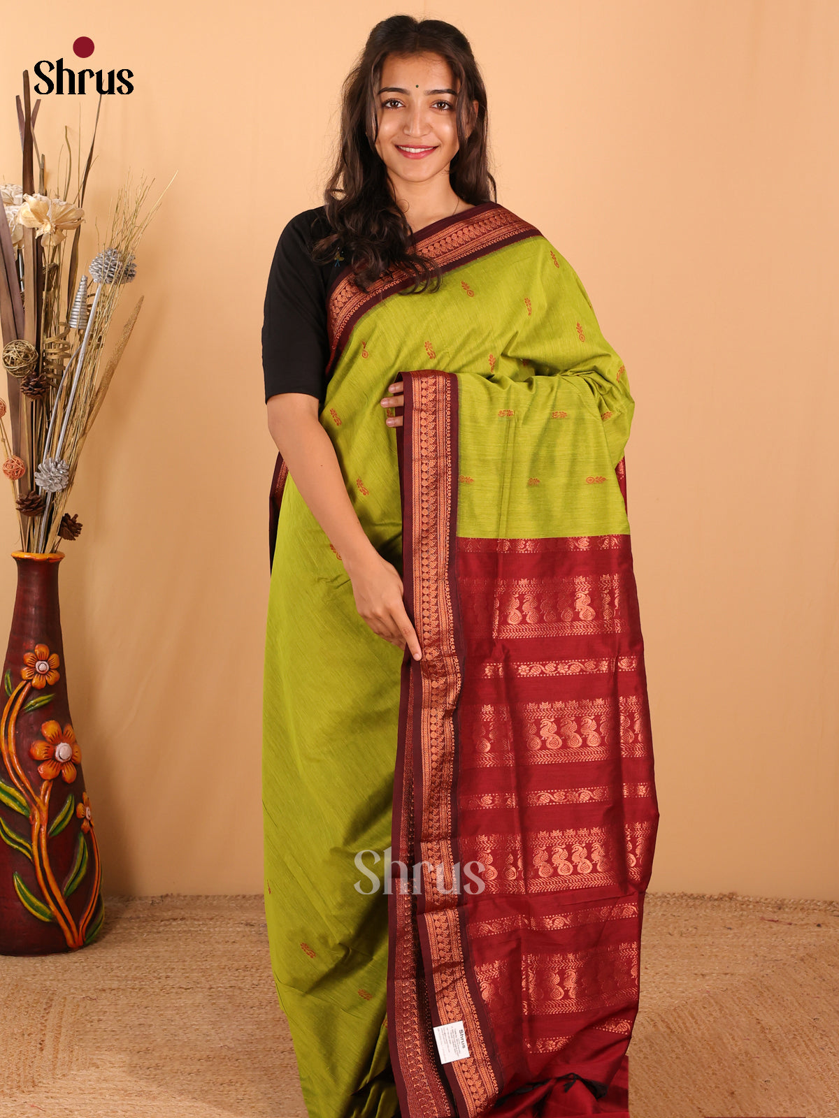 parrot Green & MAroon   Kalyani Cotton Saree - DCS27048 - Shop on Shrus.com