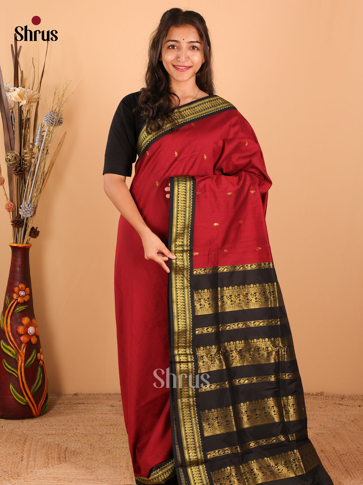 Maroon & Black   Kalyani Cotton Saree - DCS27049 - Shop on Shrus.com