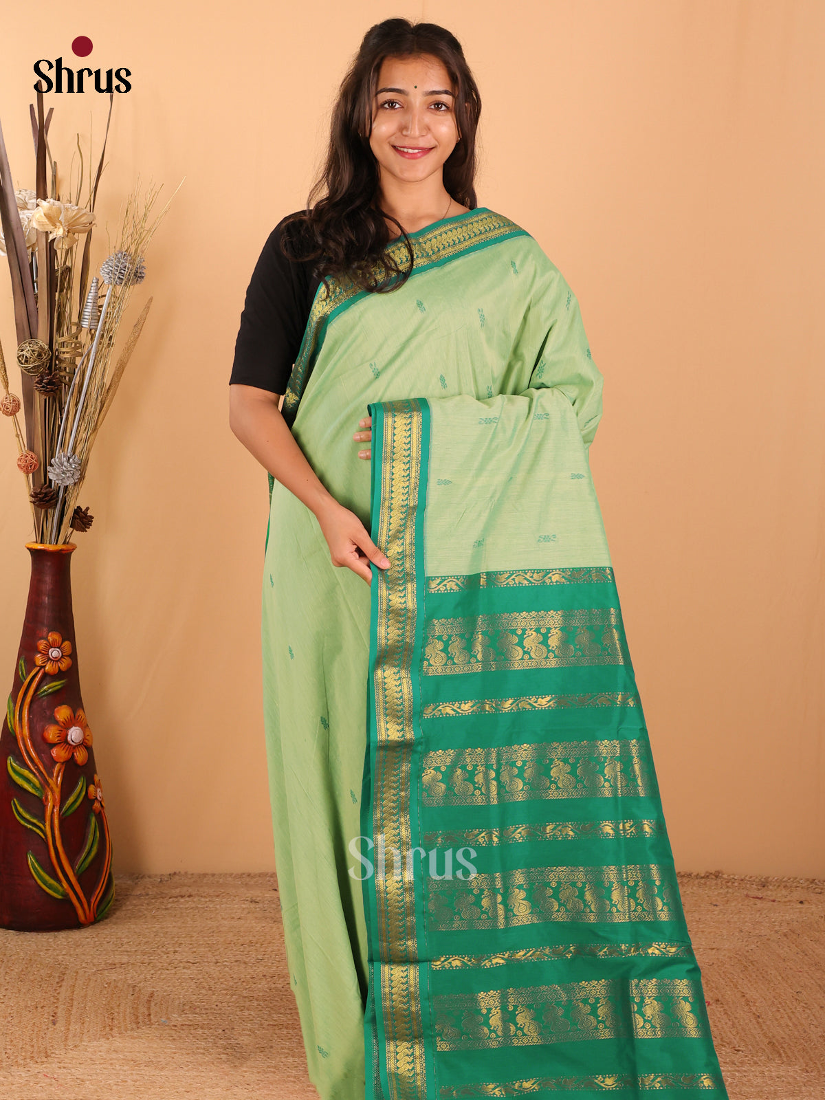 Mint green & Rama green   Kalyani Cotton Saree - DCS27050 - Shop on Shrus.com