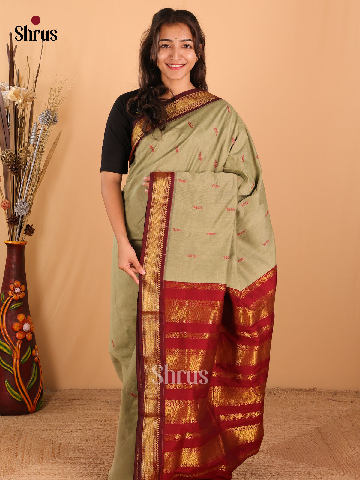 Pastel Green & Maroon   Kalyani Cotton Saree - DCS27051 - Shop on Shrus.com