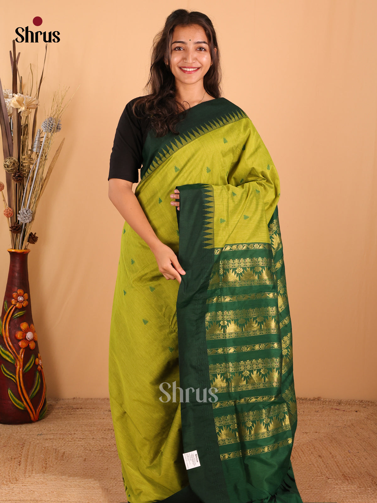 Parrot green & Dark Green   Kalyani Cotton Saree - DCS27054 - Shop on Shrus.com