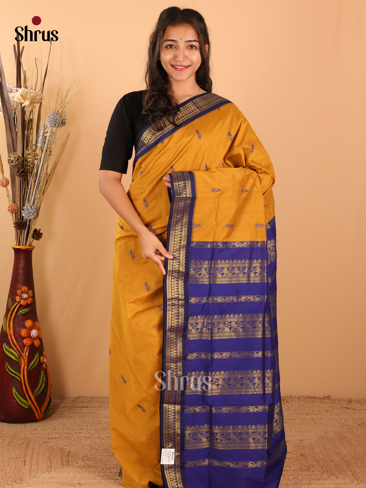 Mustard & Royal Blue   Kalyani Cotton Saree - DCS27056 - Shop on Shrus.com