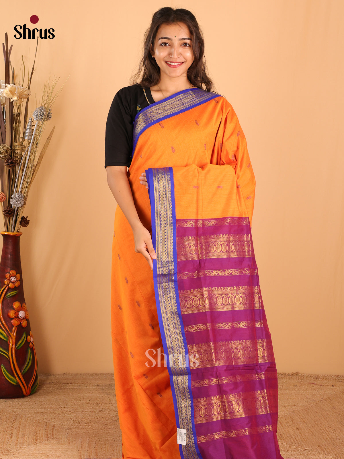 Lite Orange & Purple   Kalyani Cotton Saree - DCS27062 - Shop on Shrus.com