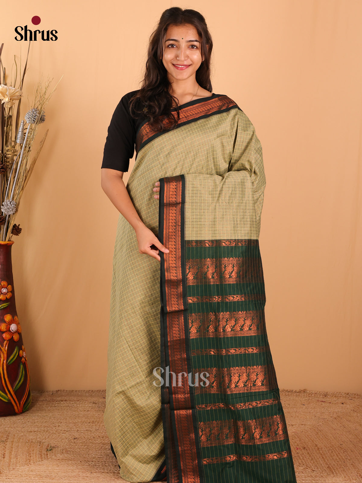 Pista green & Dark Green   Kalyani Cotton Saree - DCS27087 - Shop on Shrus.com