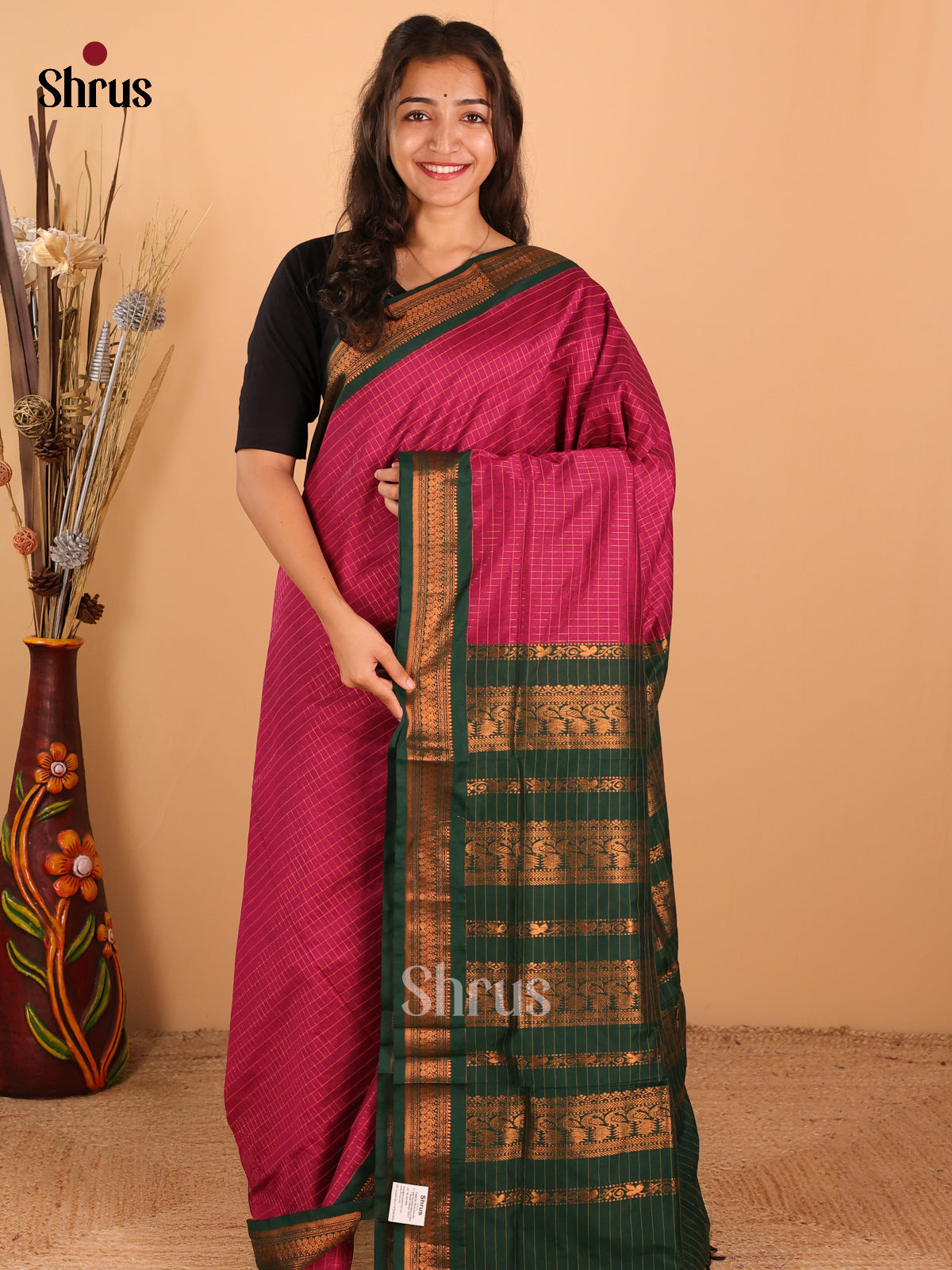 Magenta & Bottle Green   Kalyani Cotton Saree - DCS27098 - Shop on Shrus.com