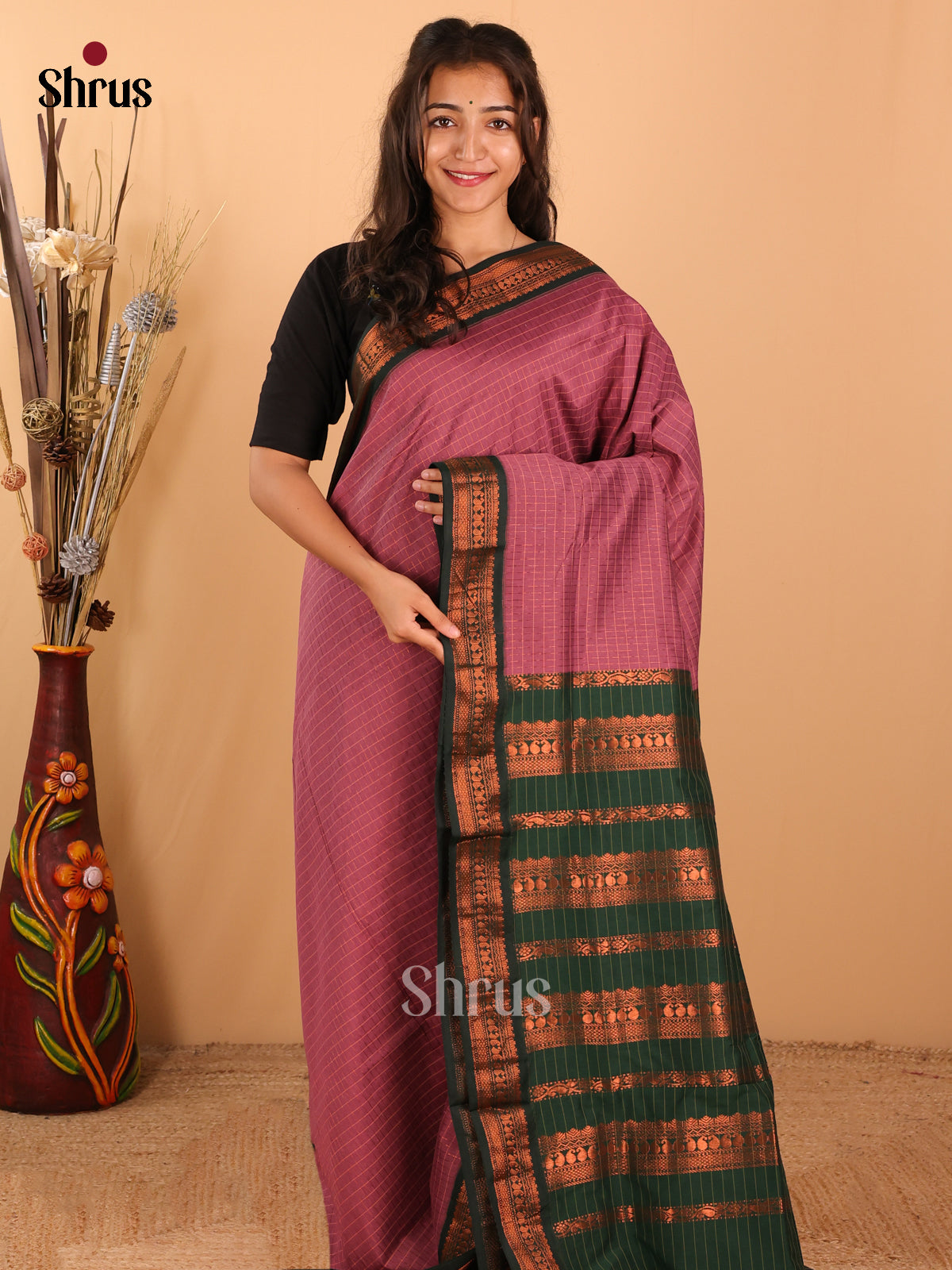 Onion pink & Green   Kalyani Cotton Saree - DCS27099 - Shop on Shrus.com