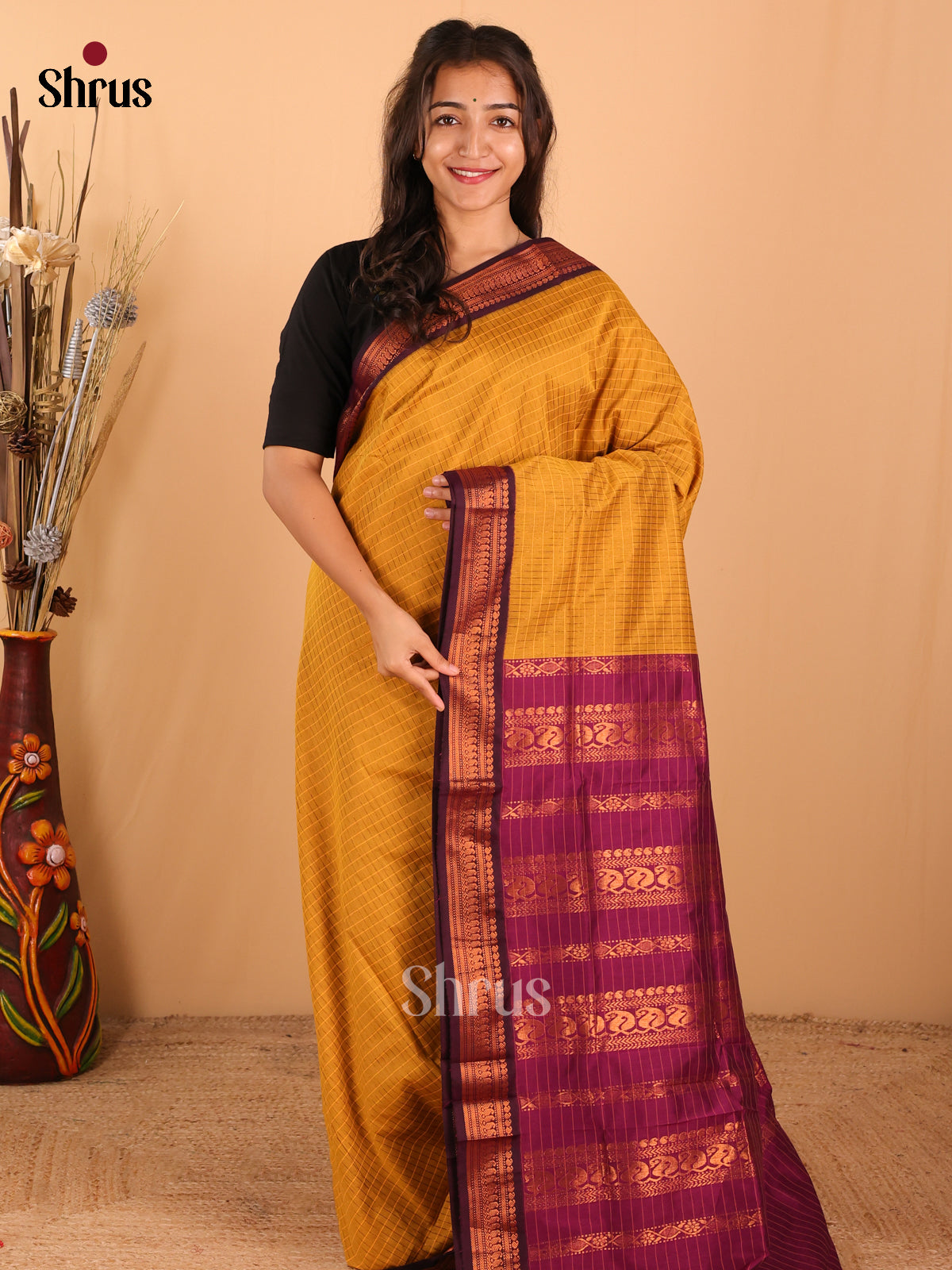 Mustard & Purple   Kalyani Cotton Saree - DCS27101 - Shop on Shrus.com