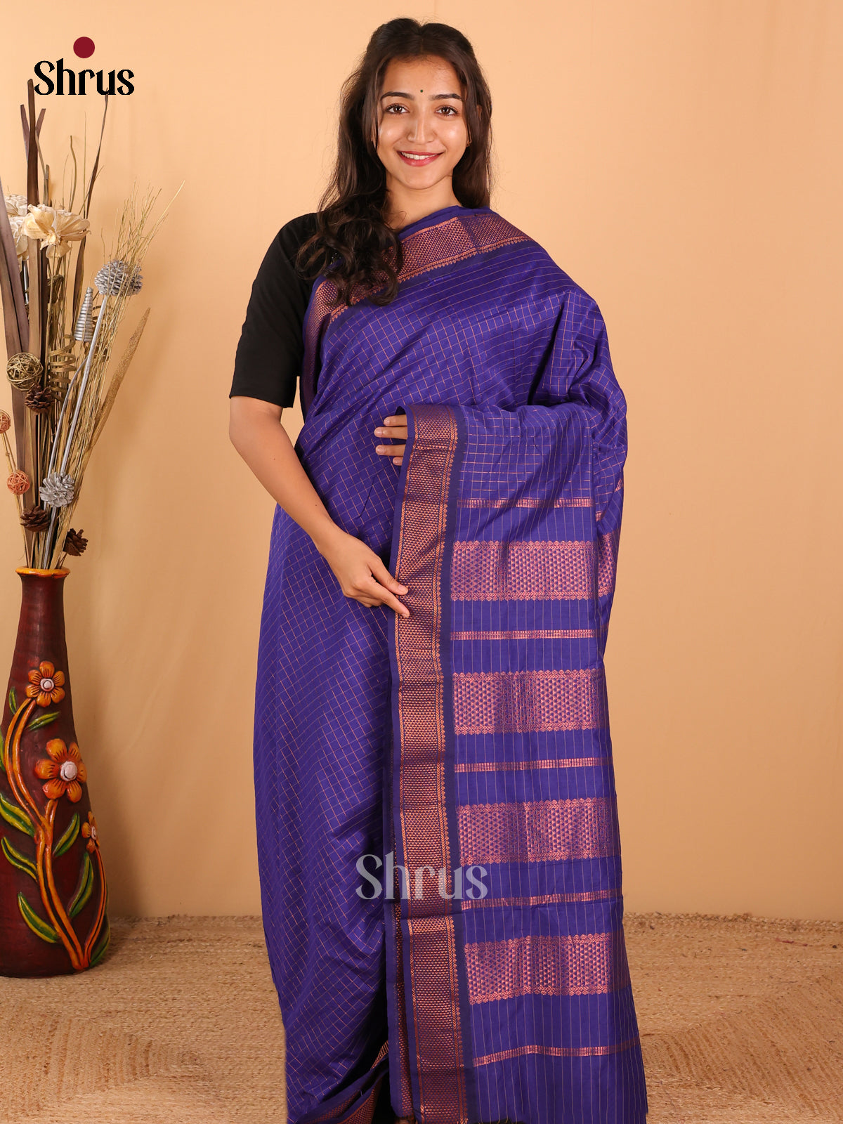 Royal Blue Kalyani Cotton Saree With Copper Zari Woven Checks And Self Border - Shop on Shrus.com