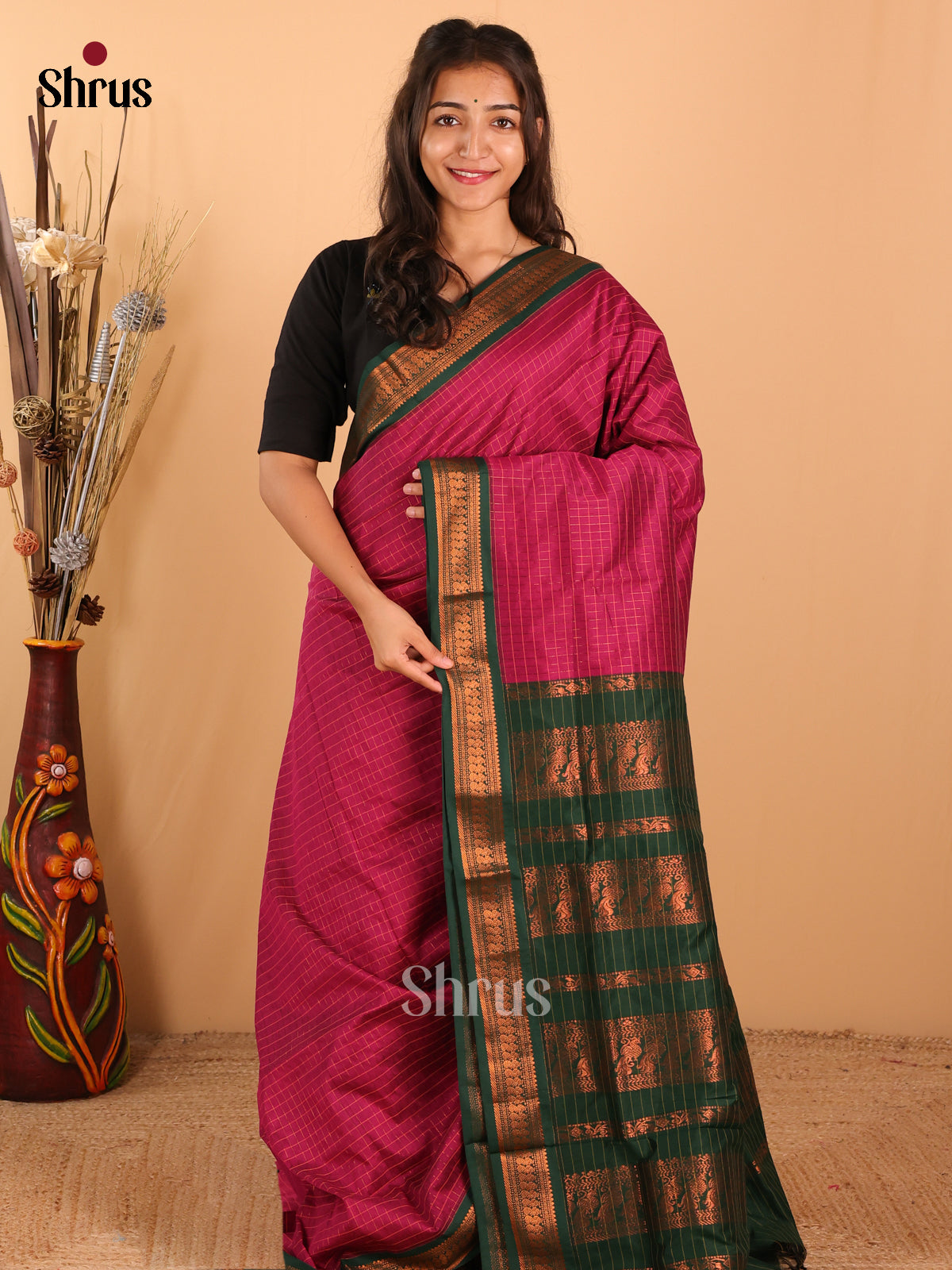 Magenta & Green   Kalyani Cotton Saree - DCS27109 - Shop on Shrus.com
