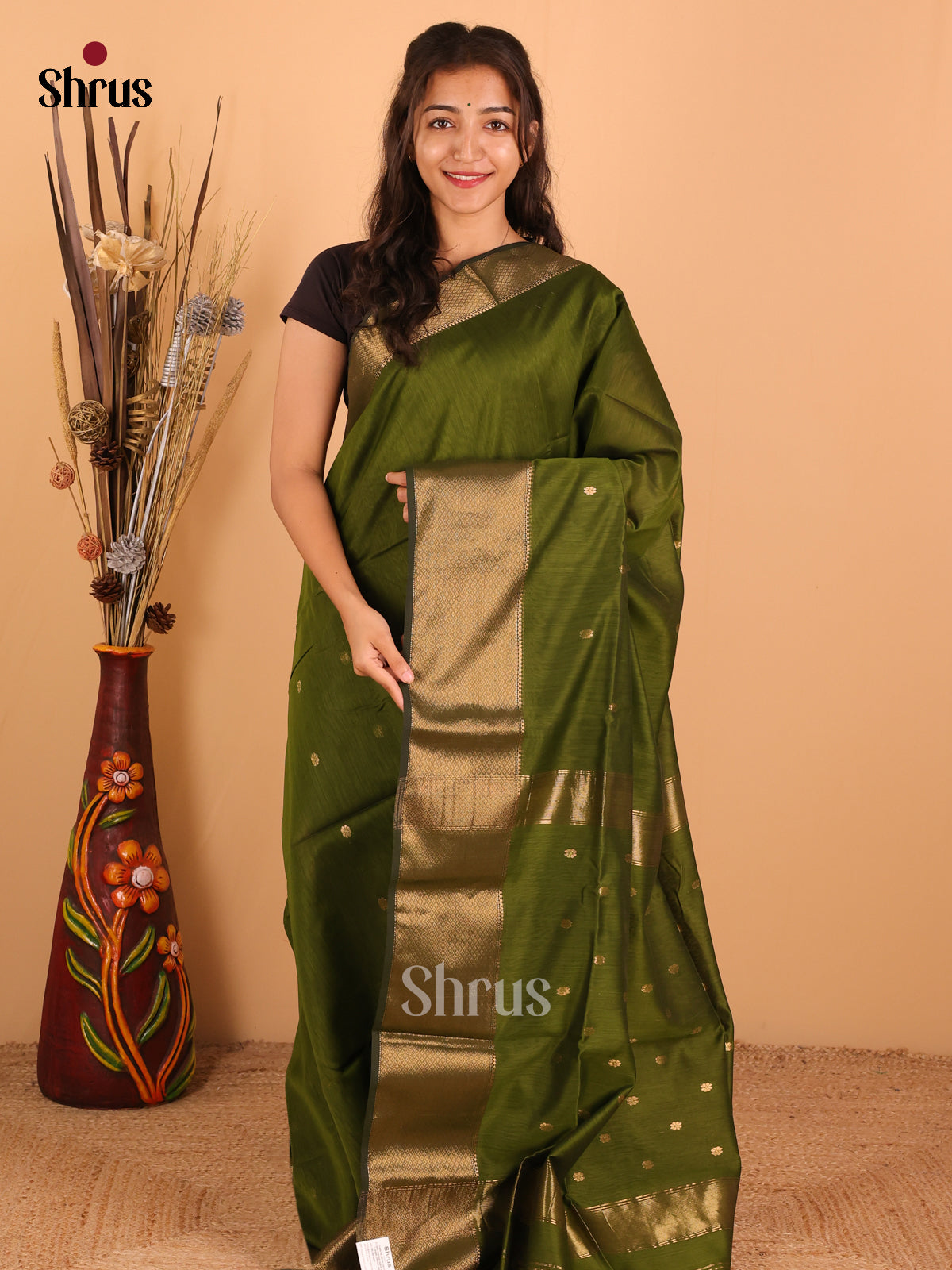 olive Green - Maheswari silk cotton Saree - DCS27128 - Shop on Shrus.com