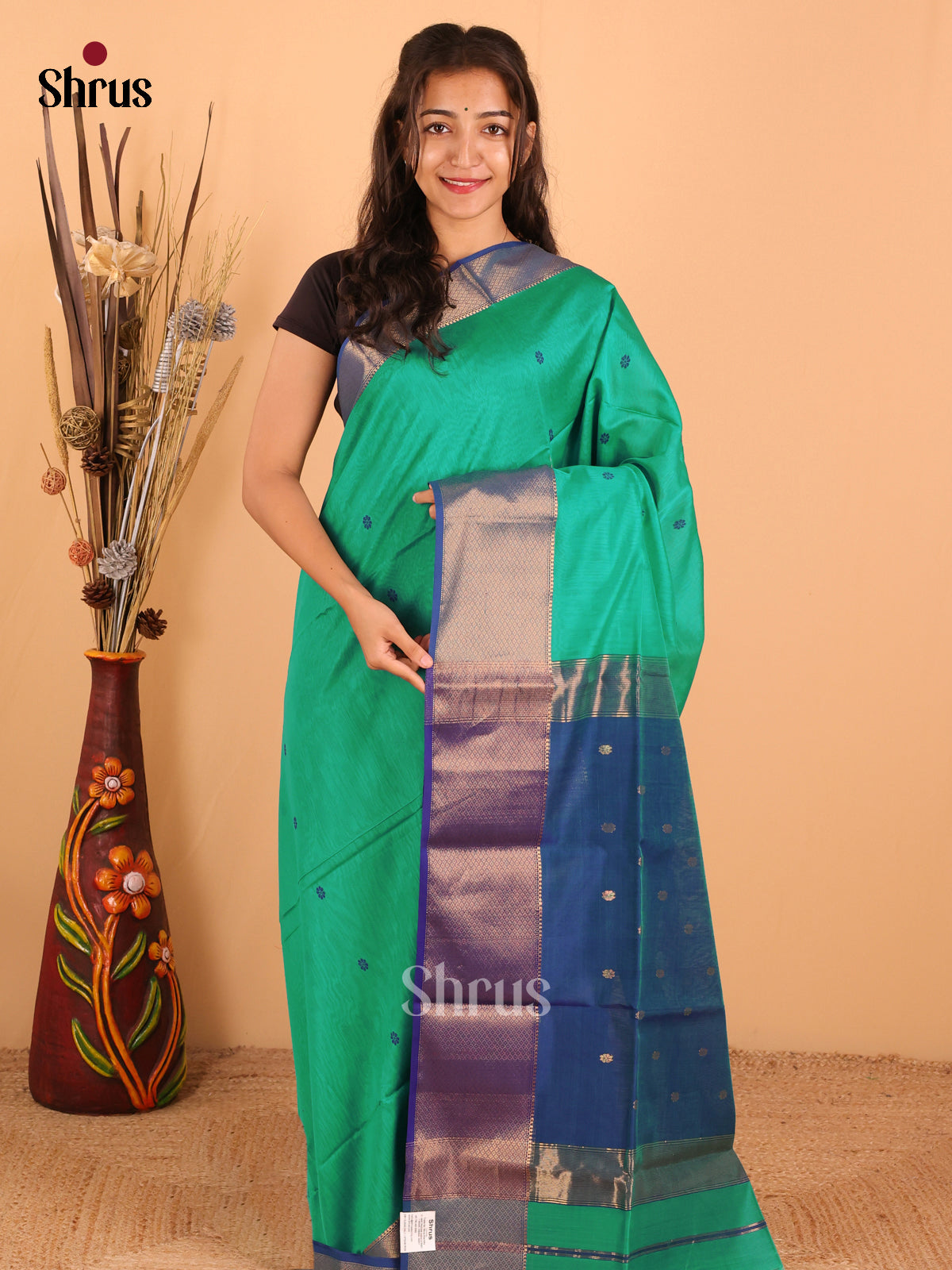 Teal Green & royal Blue - Maheswari silk cotton Saree - DCS27129 - Shop on Shrus.com