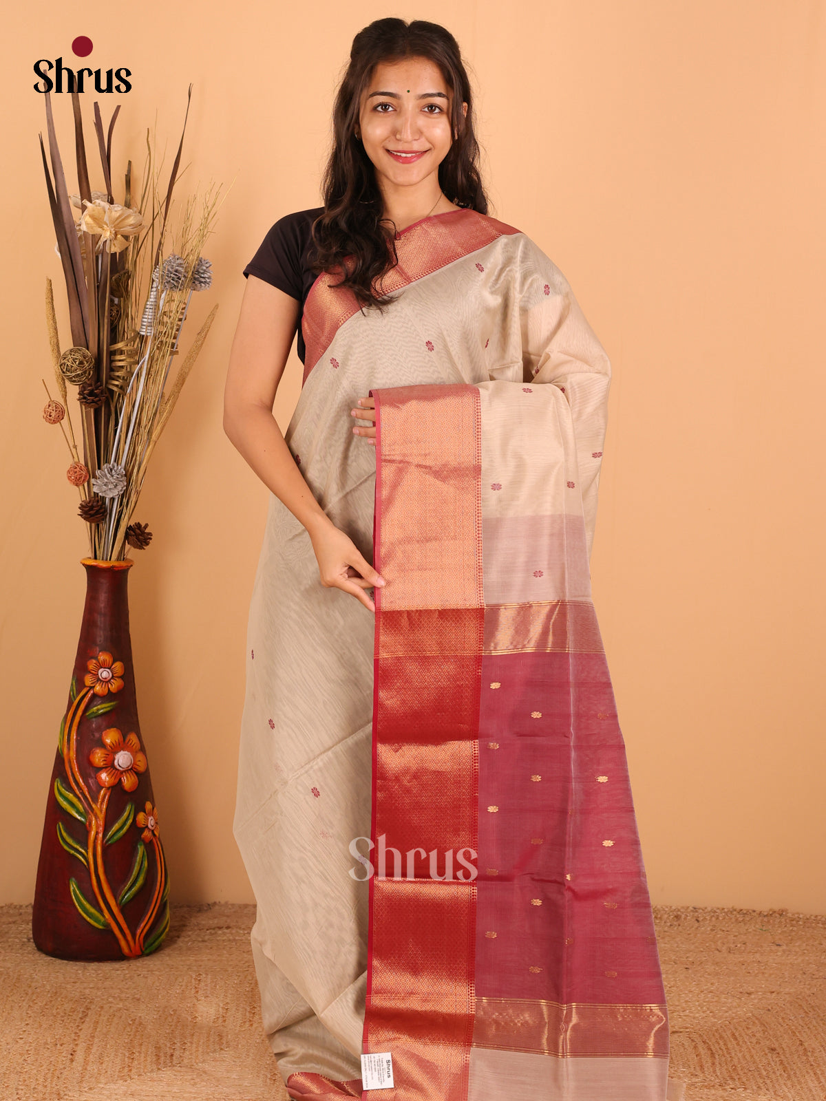 Beige & Red - Maheswari silk cotton Saree - DCS27134 - Shop on Shrus.com