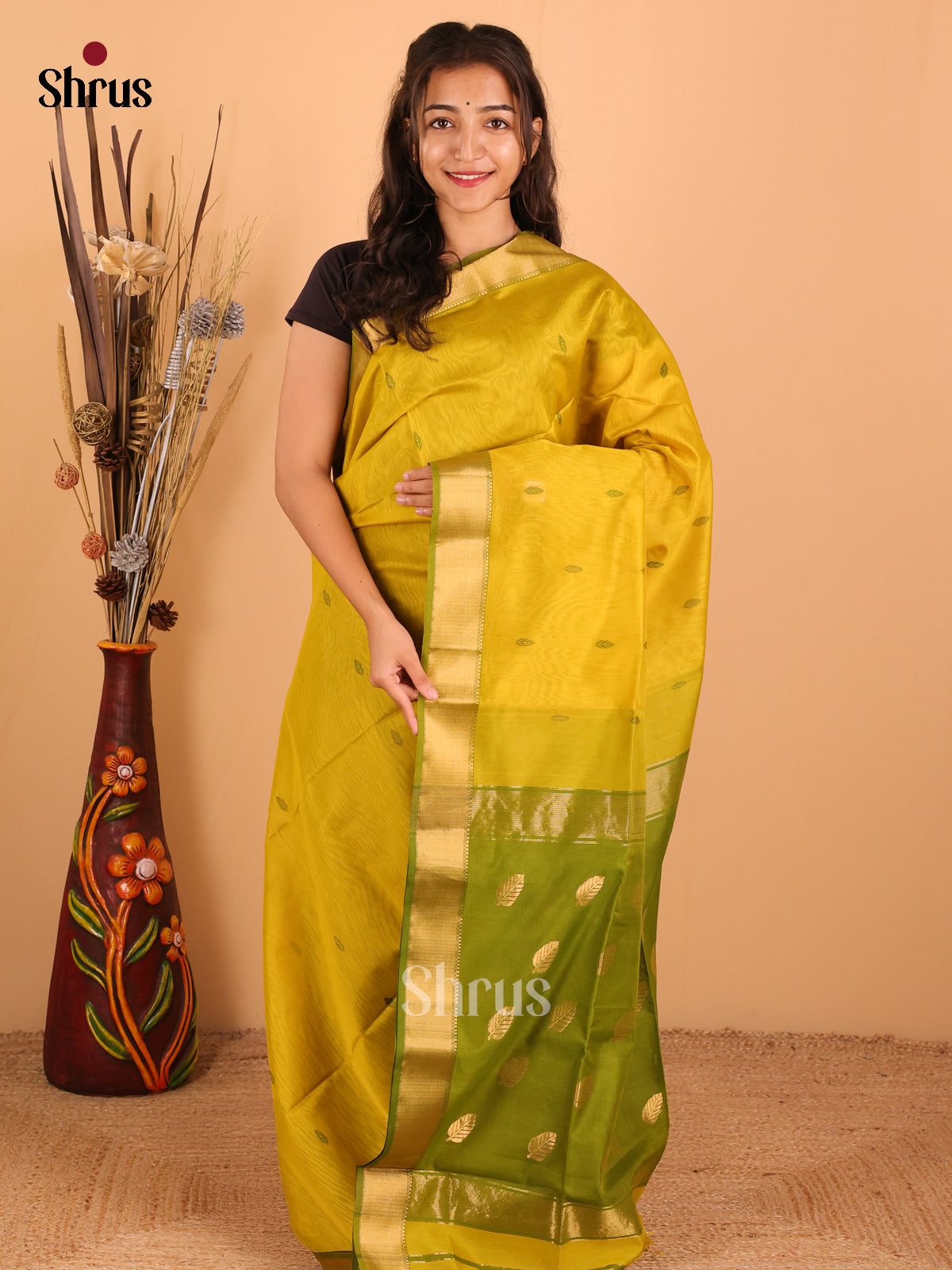 Leaf Green & olive Green - Maheswari silk cotton Saree - DCS27144 - Shop on Shrus.com