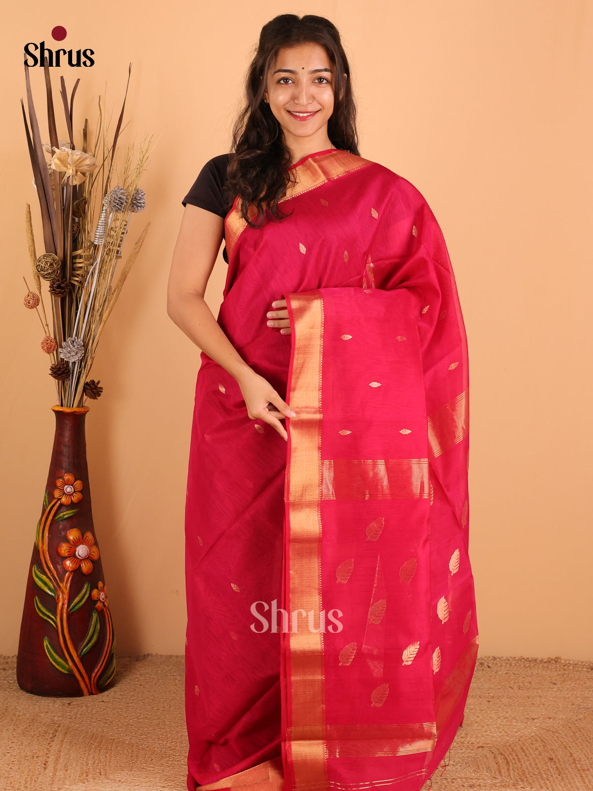 Rani  Pink - Maheswari silk cotton Saree - DCS27146 - Shop on Shrus.com