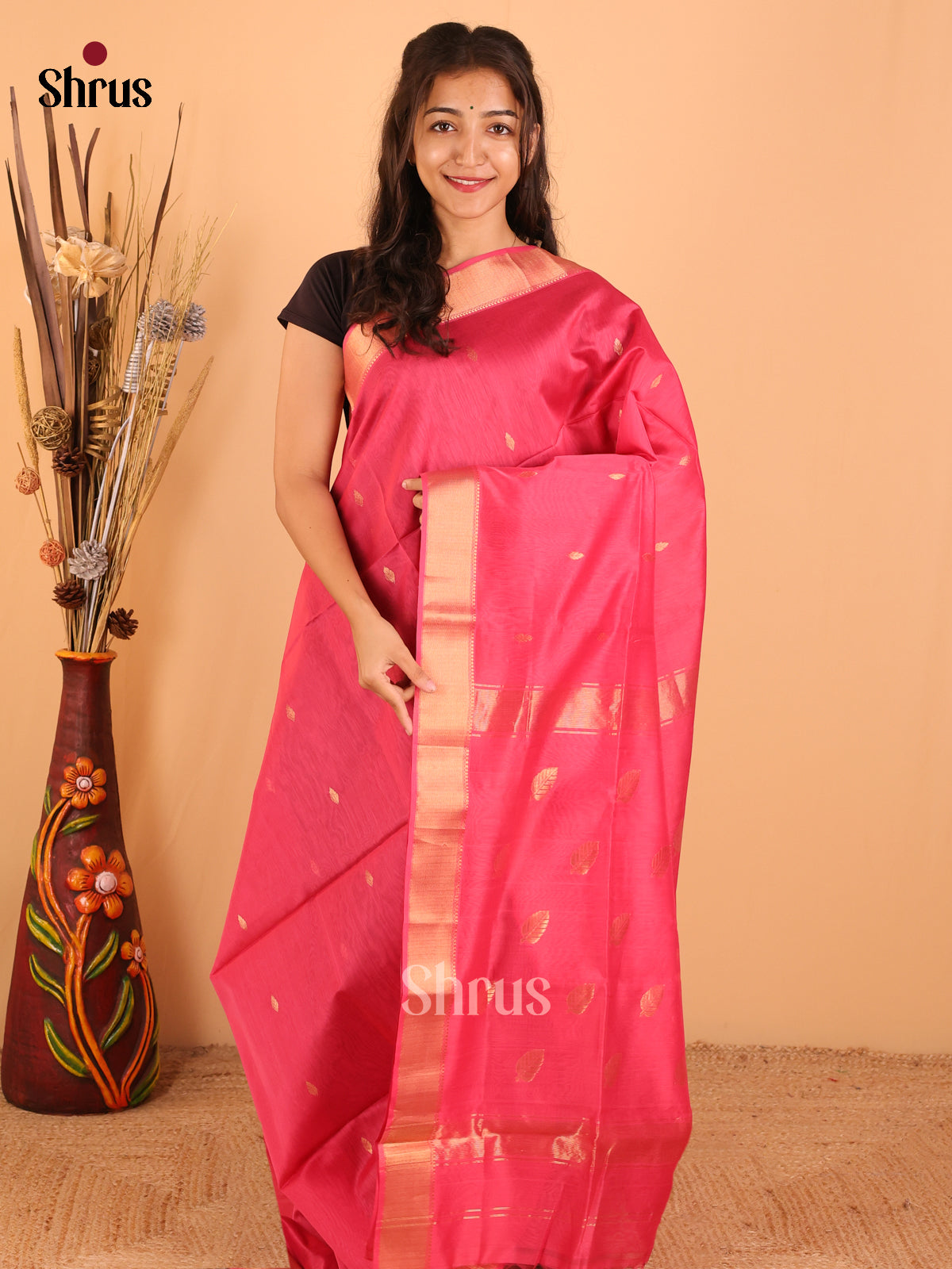 Peach  Pink  - Maheswari silk cotton Saree - DCS27149 - Shop on Shrus.com