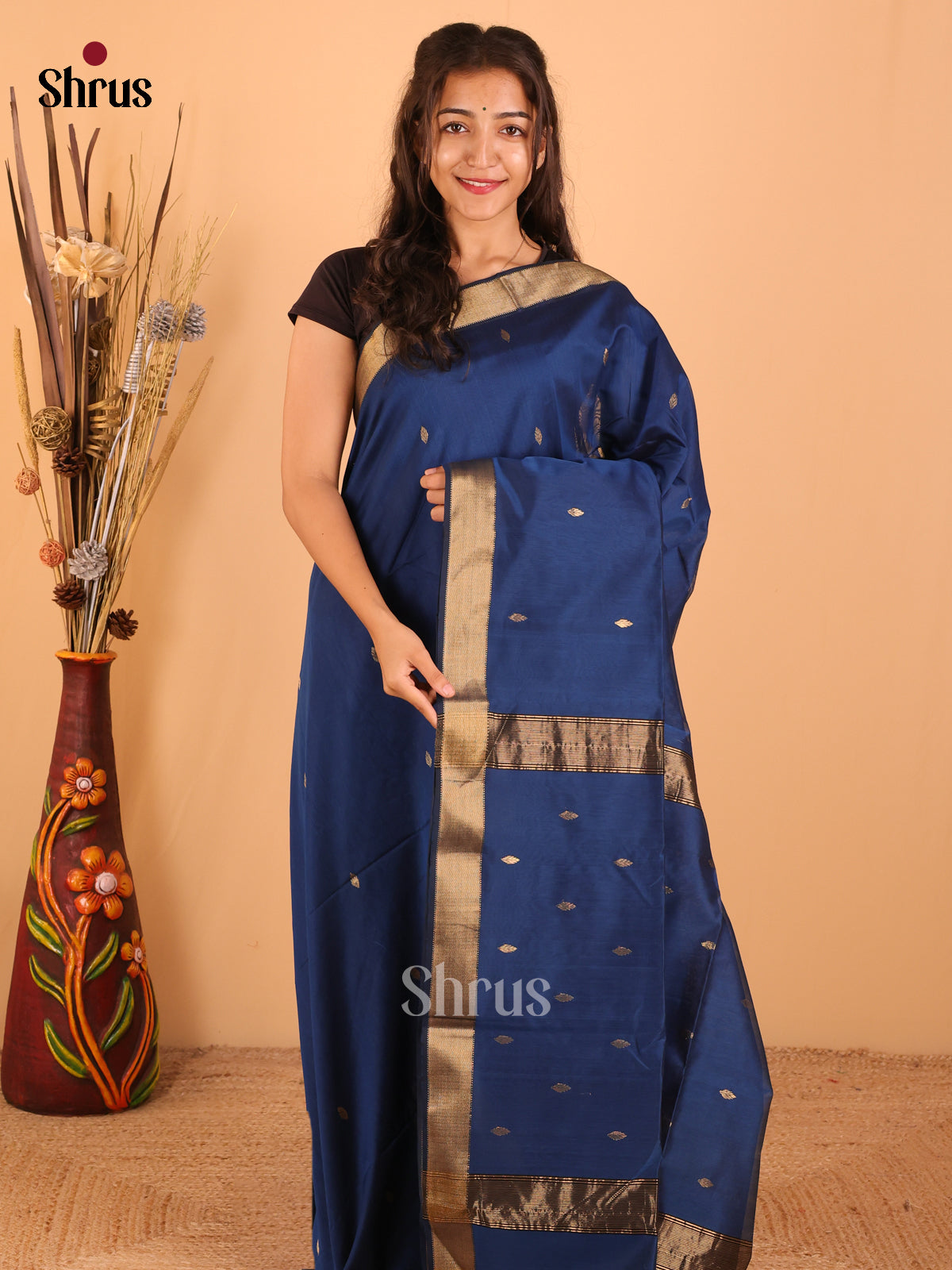 Peacock Blue - Maheswari silk cotton Saree - DCS27159 - Shop on Shrus.com