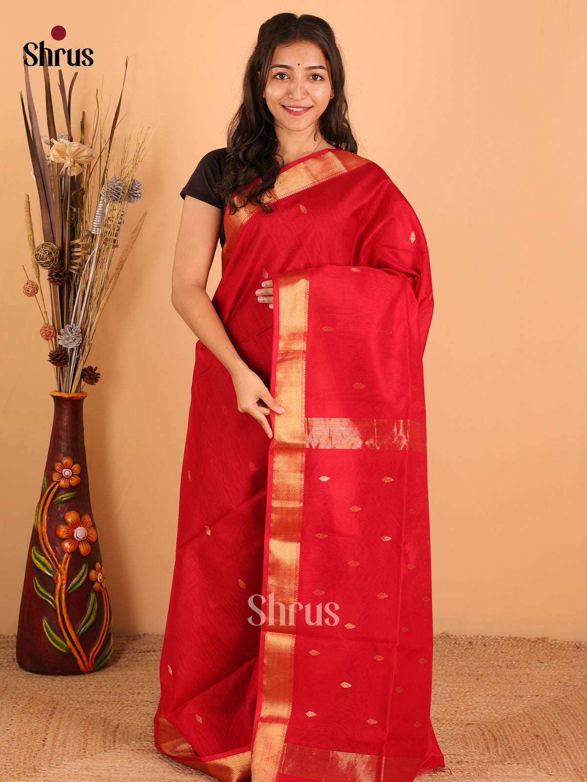 Red - Maheswari silk cotton Saree - DCS27160 - Shop on Shrus.com