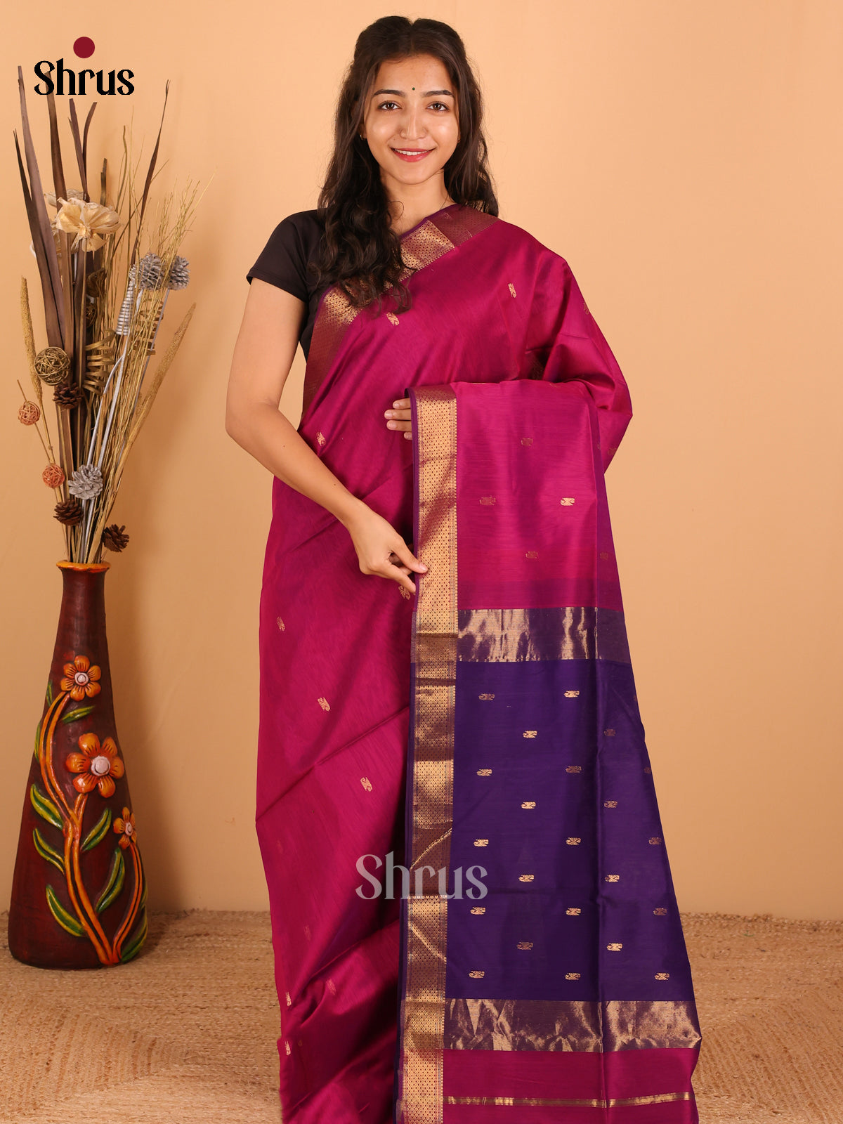Magenta  Pink & Violet - Maheswari silk cotton Saree - DCS27181 - Shop on Shrus.com