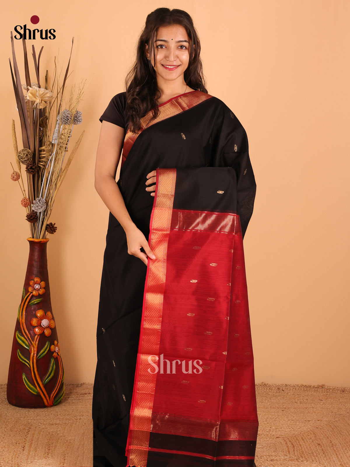 Black & Red - Maheswari silk cotton Saree - DCS27186 - Shop on Shrus.com