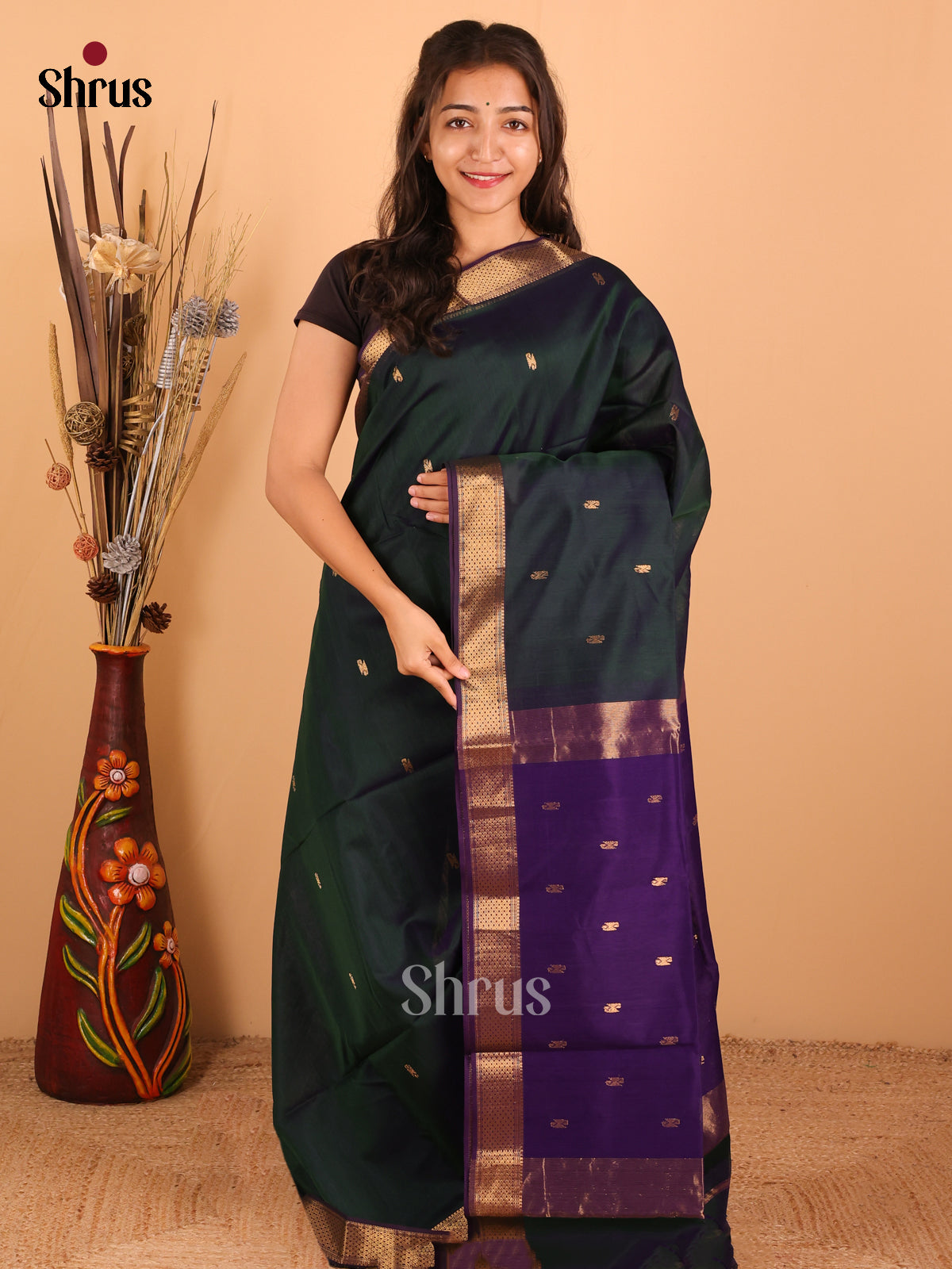 Dark Green & violet - Maheswari silk cotton Saree - DCS27189 - Shop on Shrus.com