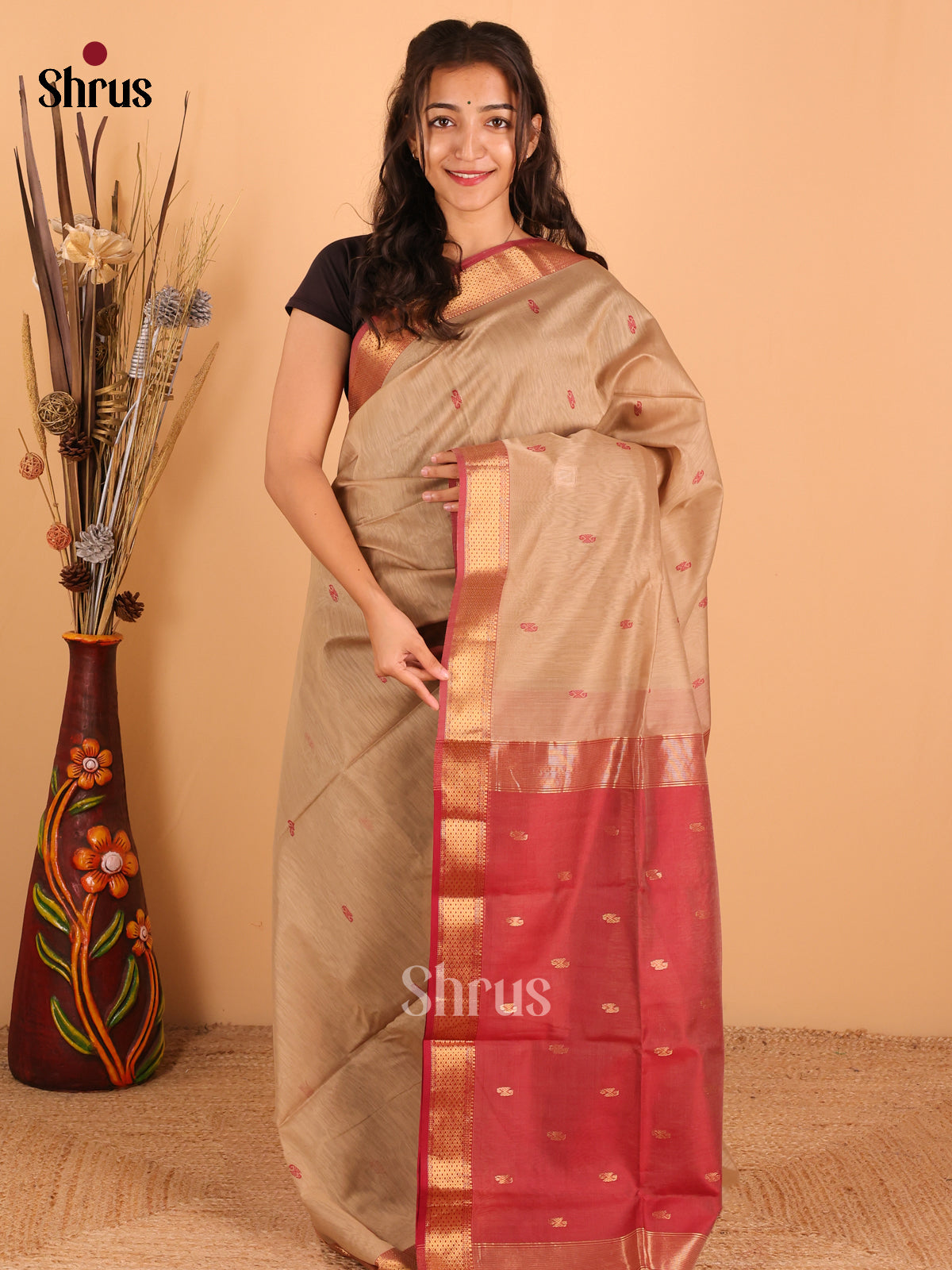 Beige & Maroon - Maheswari silk cotton Saree - DCS27190 - Shop on Shrus.com