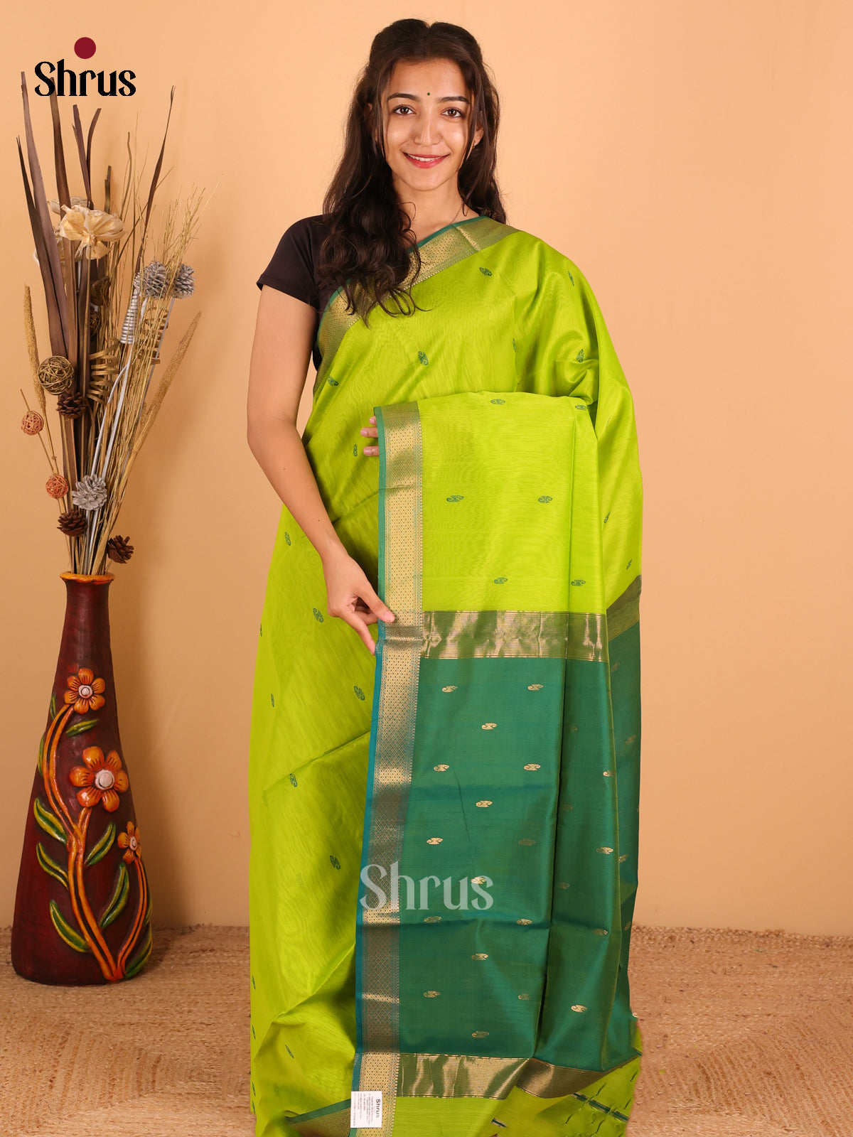 Parrot Green & Peacock Green - Maheswari silk cotton Saree - DCS27191 - Shop on Shrus.com