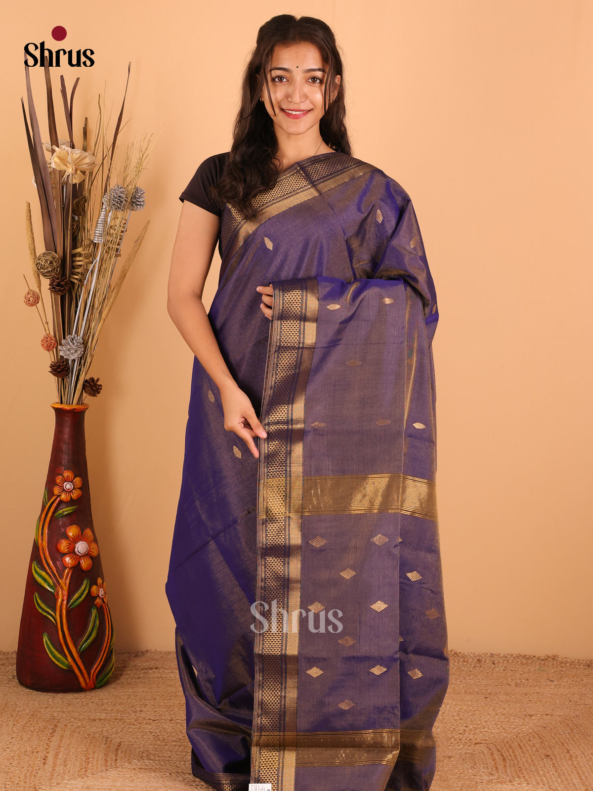 Dark Navy Blue - Maheswari silk cotton Saree - DCS27192 - Shop on Shrus.com
