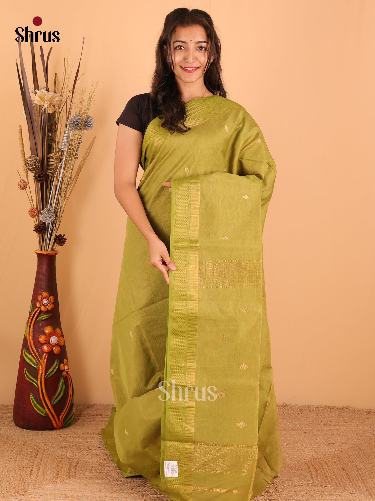 Light Green - Maheswari silk cotton Saree - DCS27195 - Shop on Shrus.com