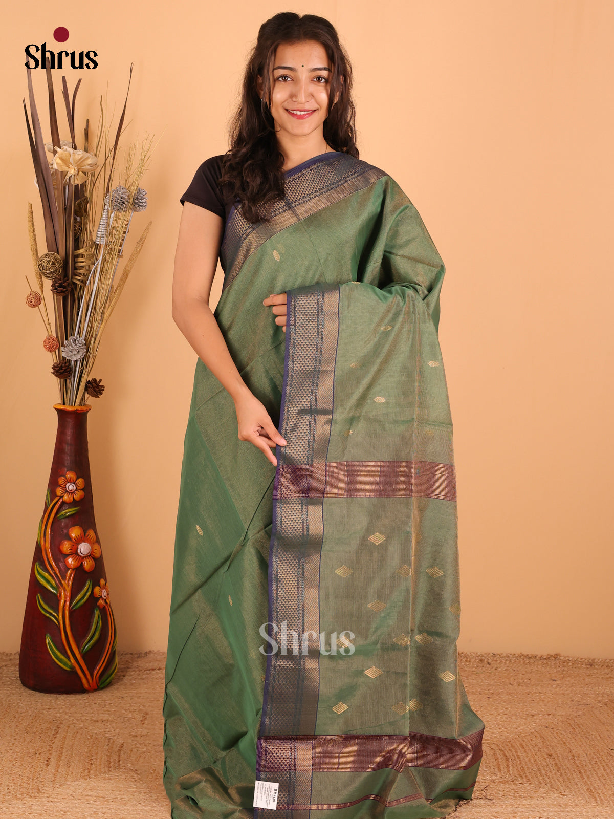 Dark olive Green & Violet - Maheswari silk cotton Saree - DCS27202 - Shop on Shrus.com