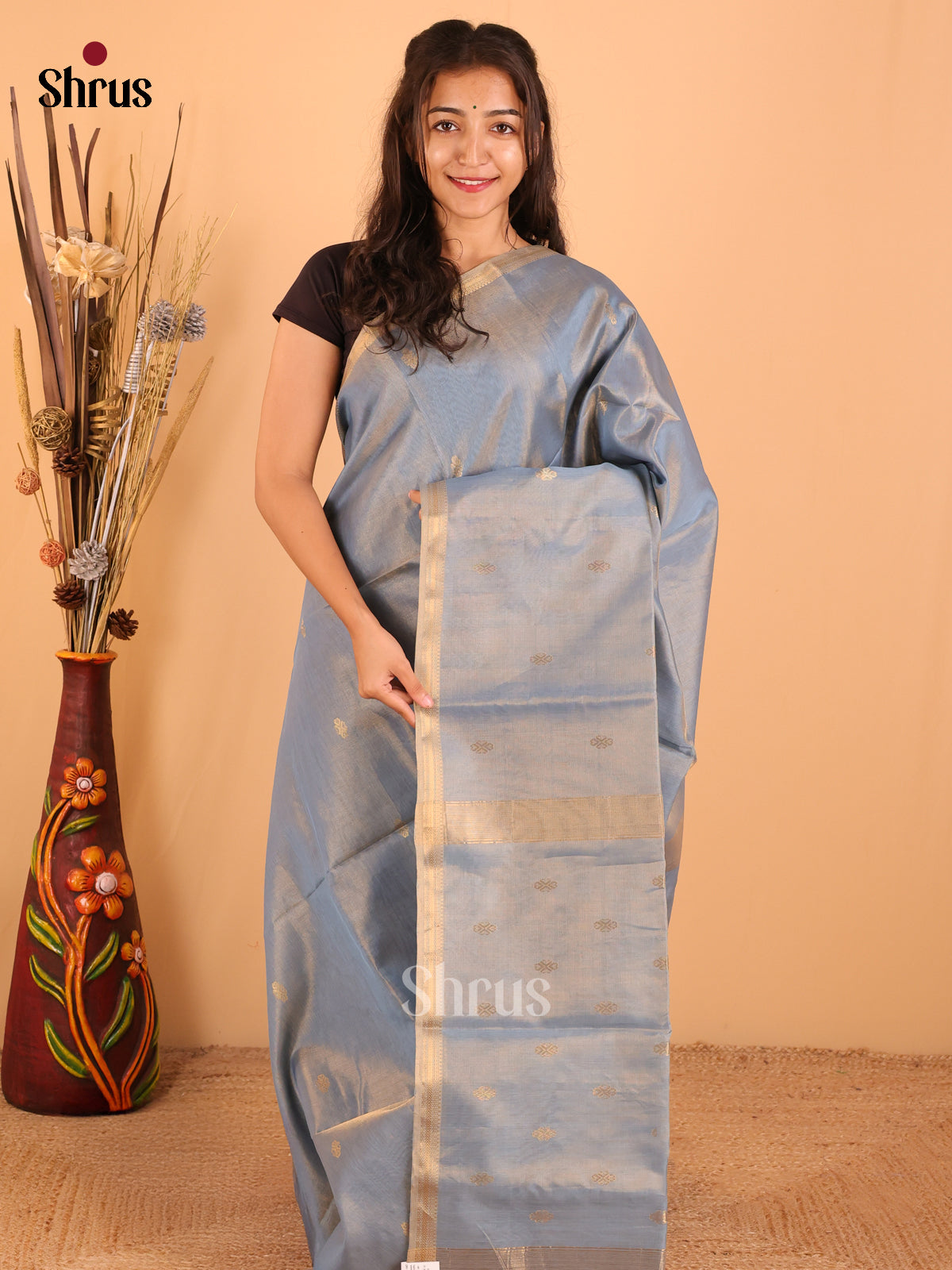 Light Blue - Maheswari silk cotton Saree - DCS27207 - Shop on Shrus.com
