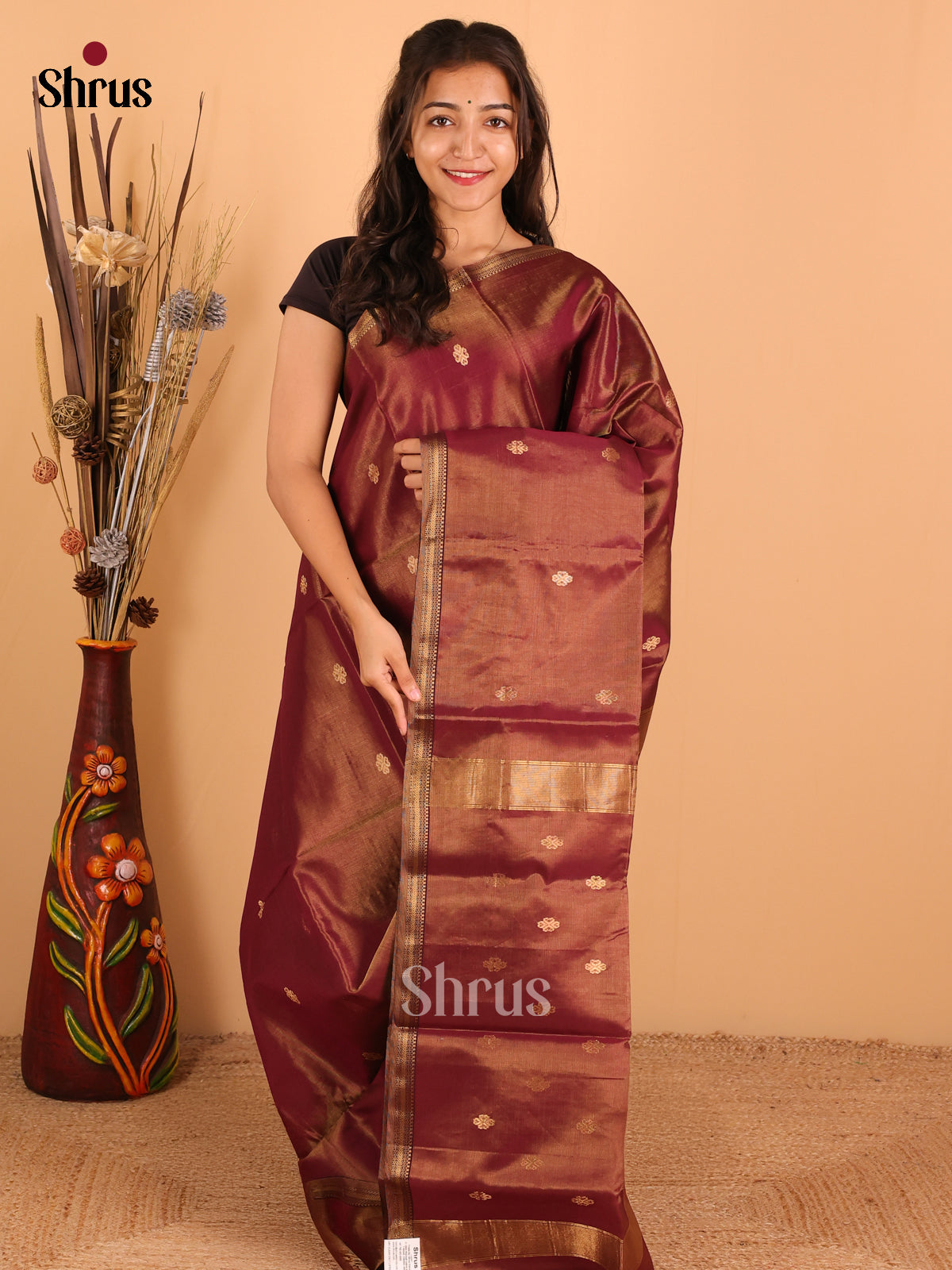 Wine - Maheswari silk cotton Saree - DCS27210 - Shop on Shrus.com