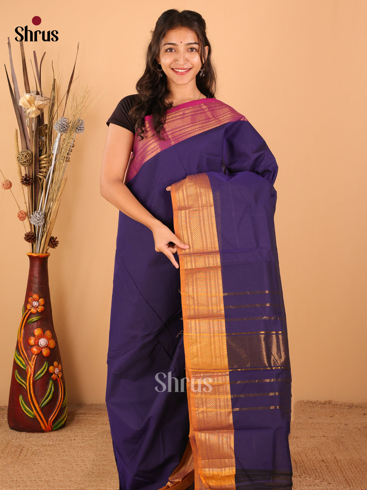 Navy Blue with Mustard / Magenta - Chettinad saree -DDS02011 - Shop on Shrus.com