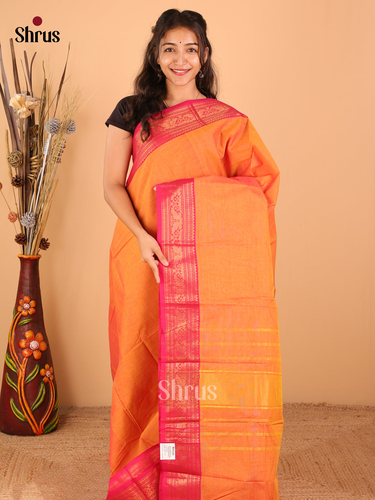 Orange with pink - Chettinad saree -DDS02016 - Shop on Shrus.com