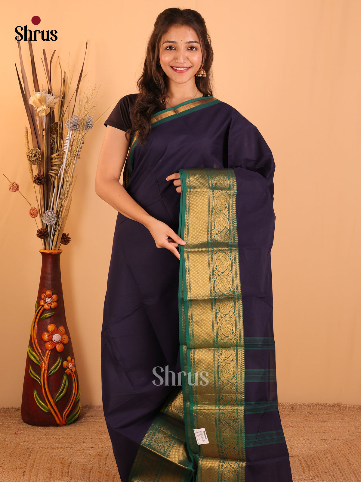 Navy Blue with Green-Chettinad saree -DDS02022 - Shop on Shrus.com