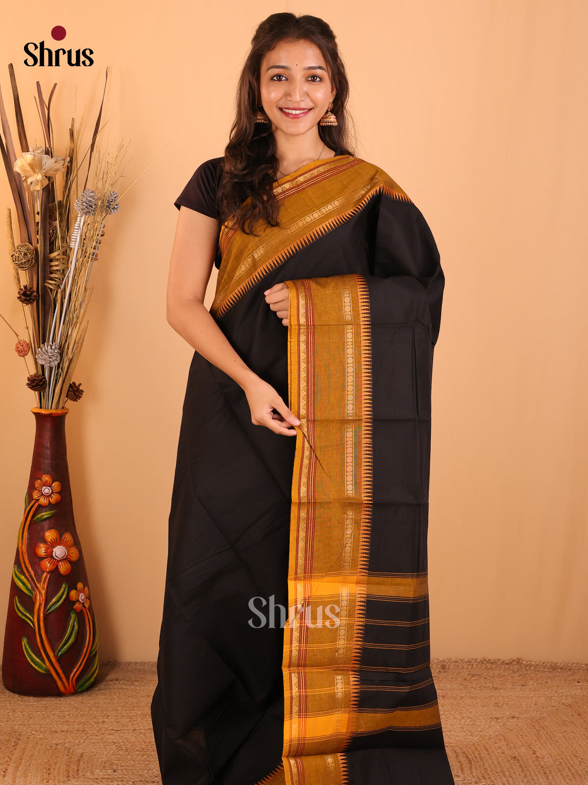 Black with Mustard yellow-Chettinad saree -DDS02032 - Shop on Shrus.com