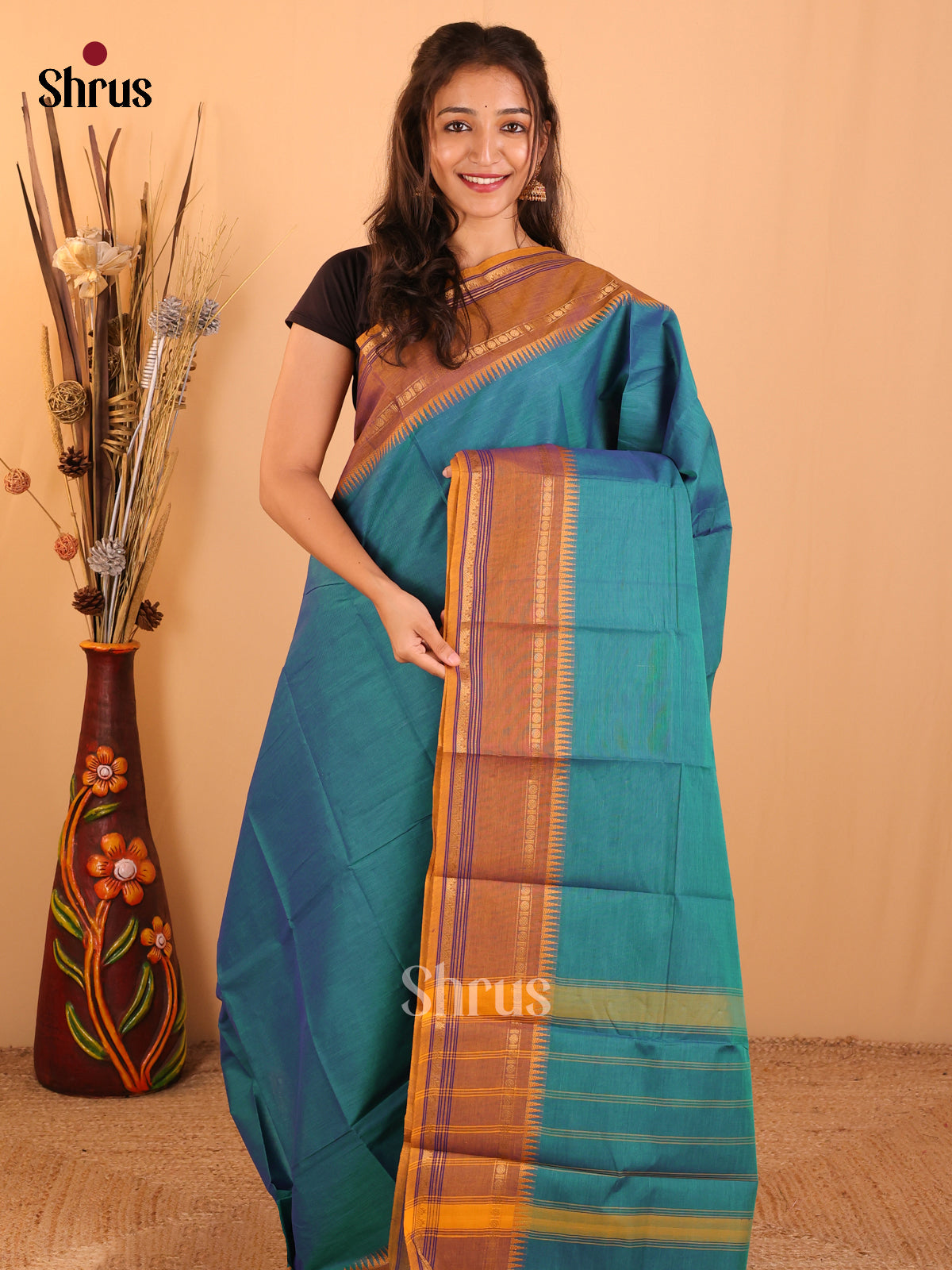 Peacock blue with Mustard yellow-Chettinad saree -DDS02034 - Shop on Shrus.com
