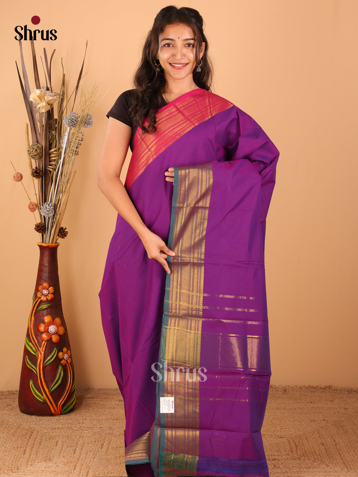 Violet with pink / peacock green - Chettinad saree -DDS02043 - Shop on Shrus.com