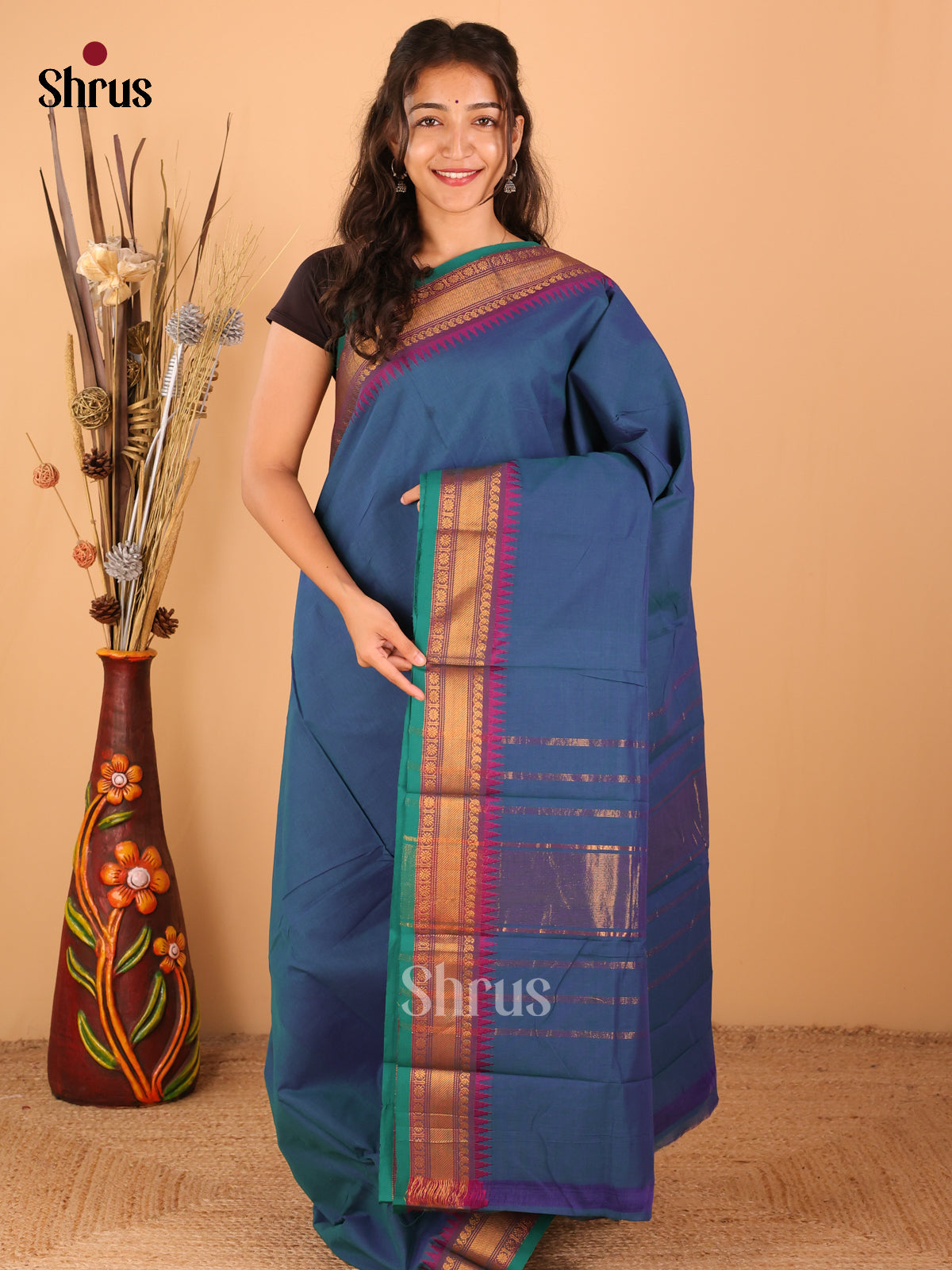 Peacock blue with Green - Chettinad saree -DDS02047 - Shop on Shrus.com