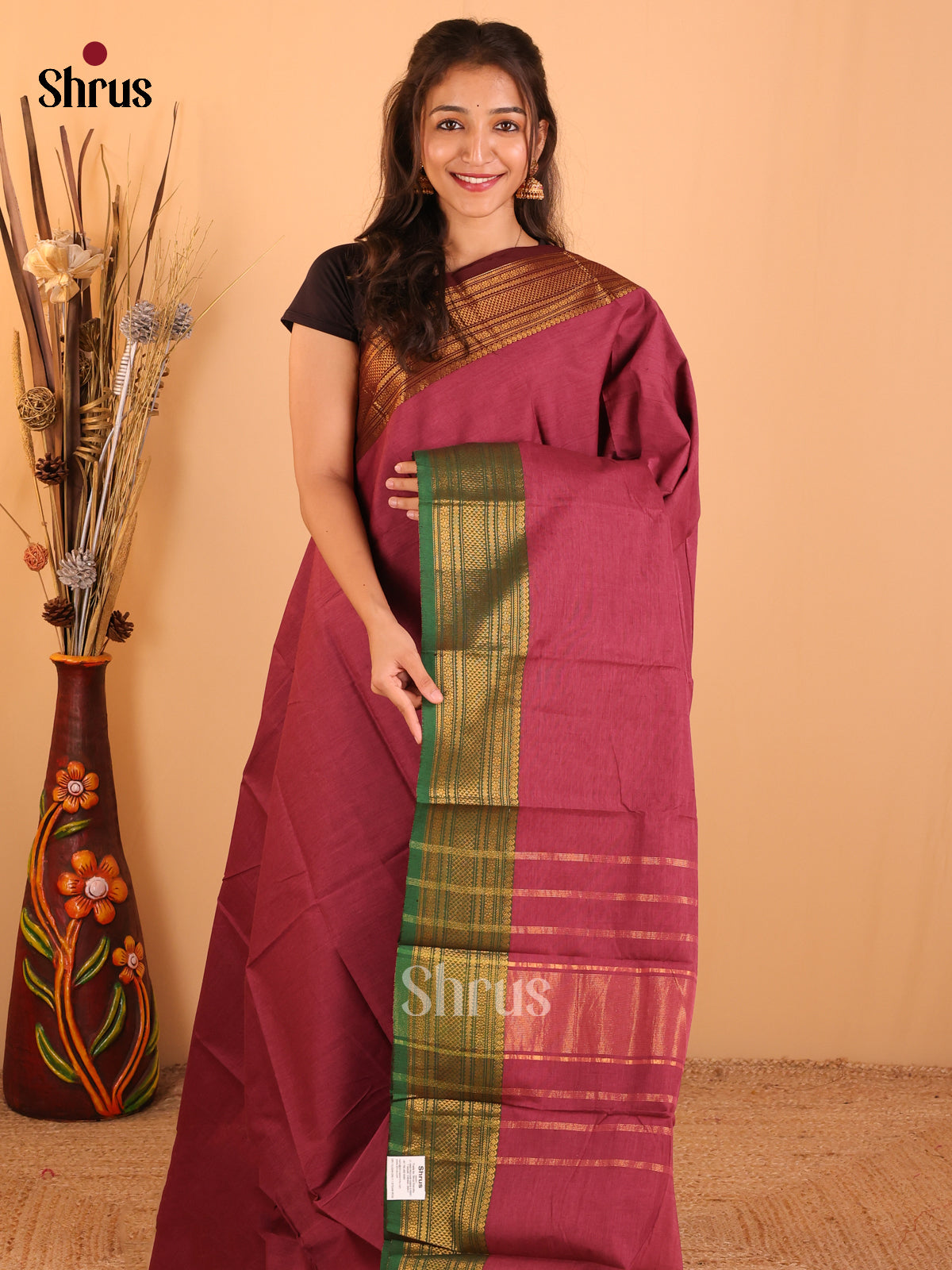 Dark onion pi k with Green with Maroon-Chettinad saree -DDS02060 - Shop on Shrus.com