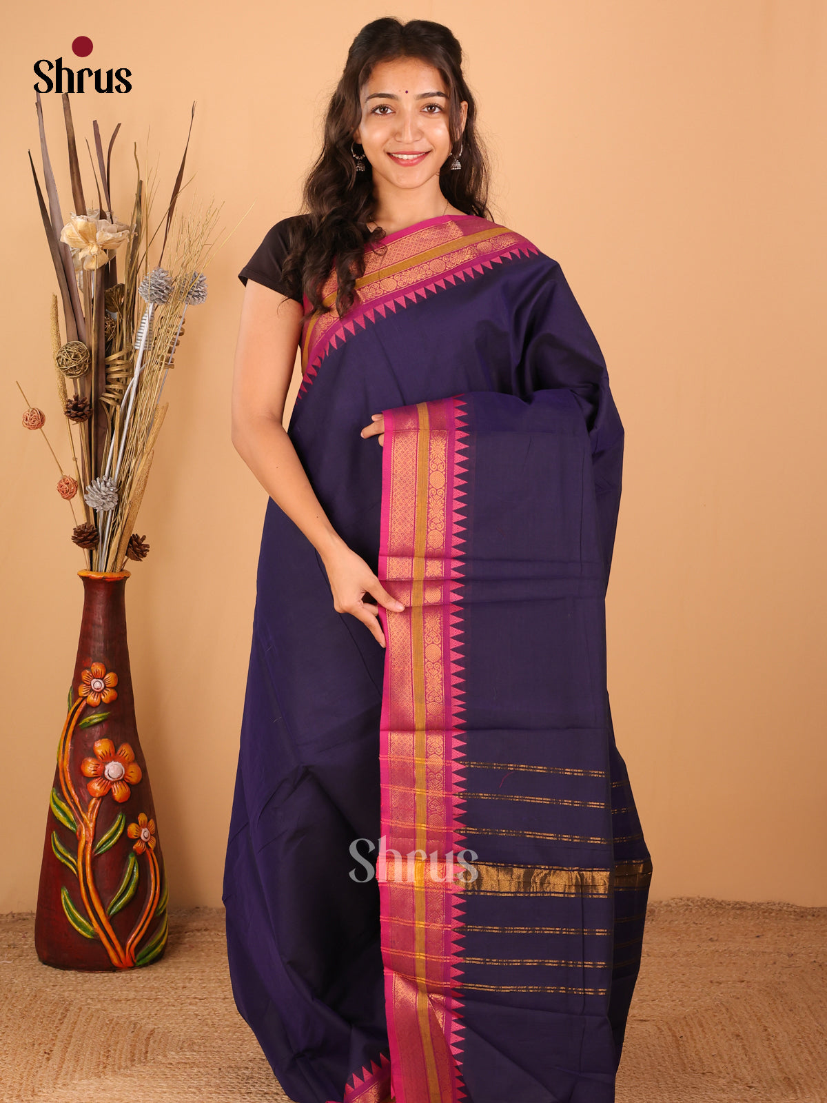 Navy Blue with Pink - Chettinad saree -DDS02069 - Shop on Shrus.com