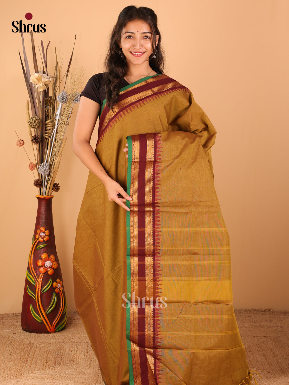 Coffee Brown with Green - Chettinad saree -DDS02074 - Shop on Shrus.com