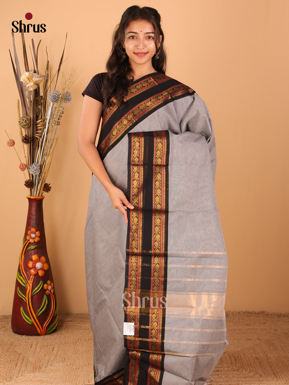 Grey with Black - Chettinad saree -DDS02090 - Shop on Shrus.com