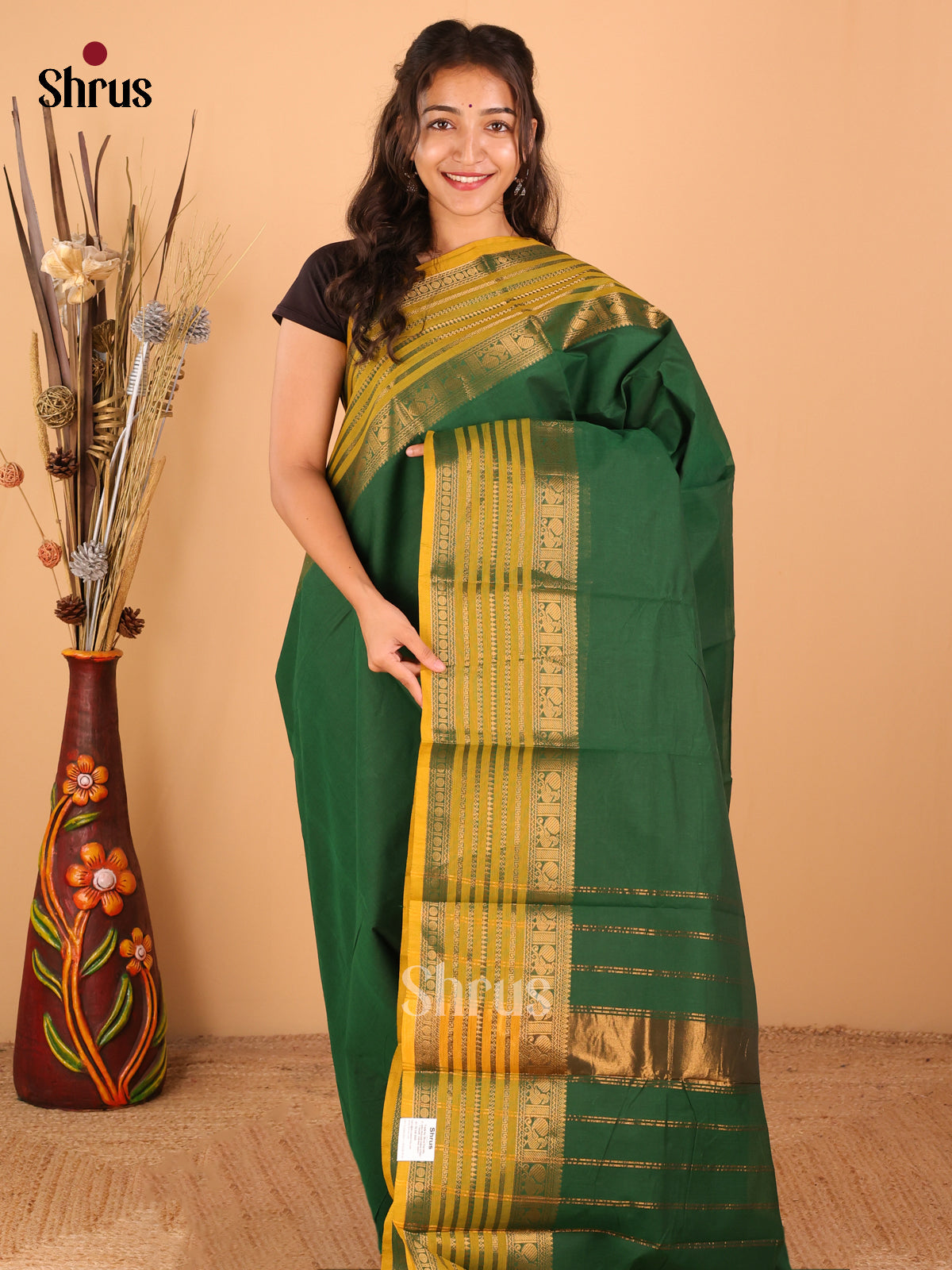 Dark geen with yellow - Chettinad saree -DDS02095 - Shop on Shrus.com