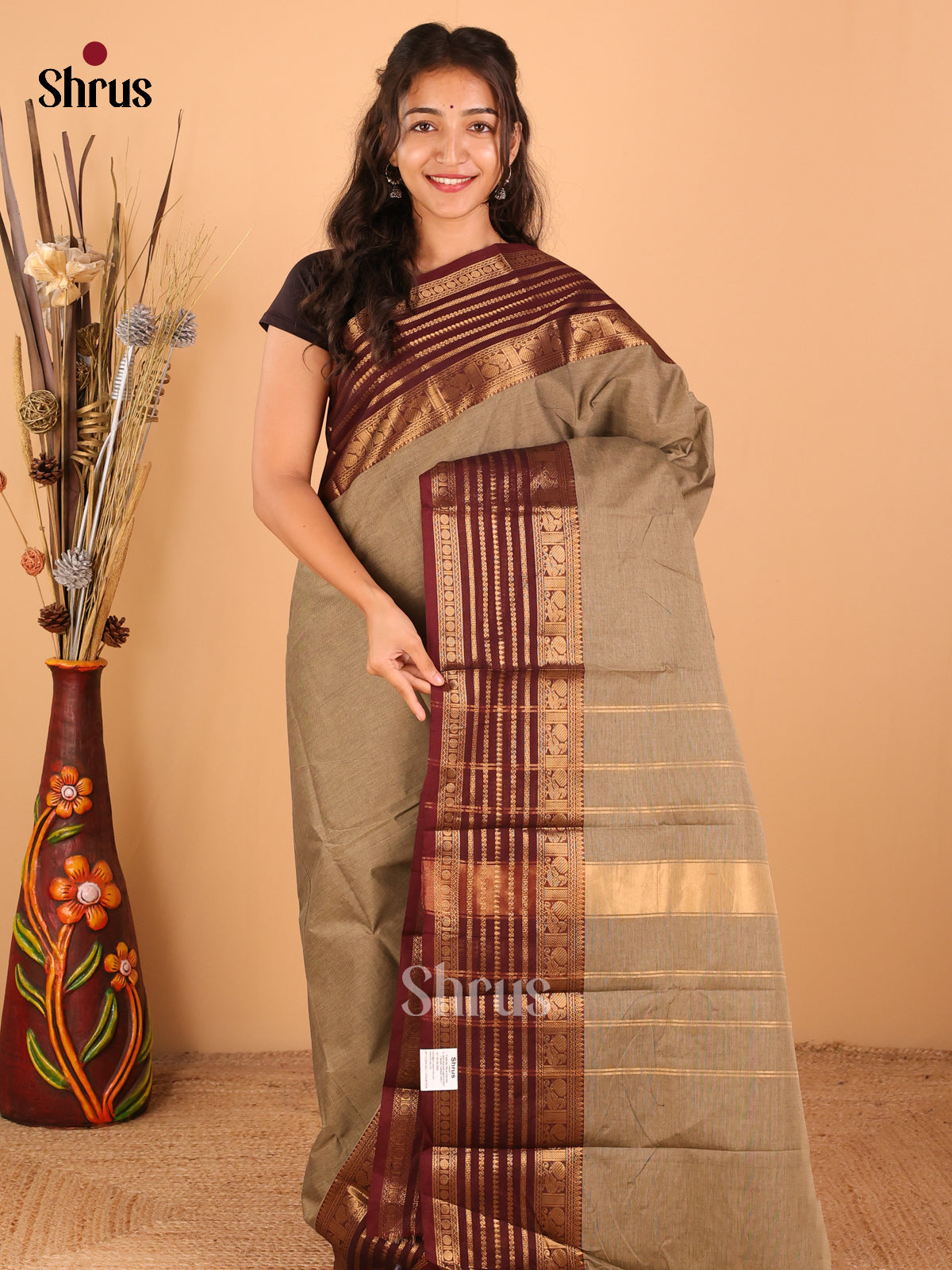 Beige with Maroon - Chettinad saree -DDS02097 - Shop on Shrus.com